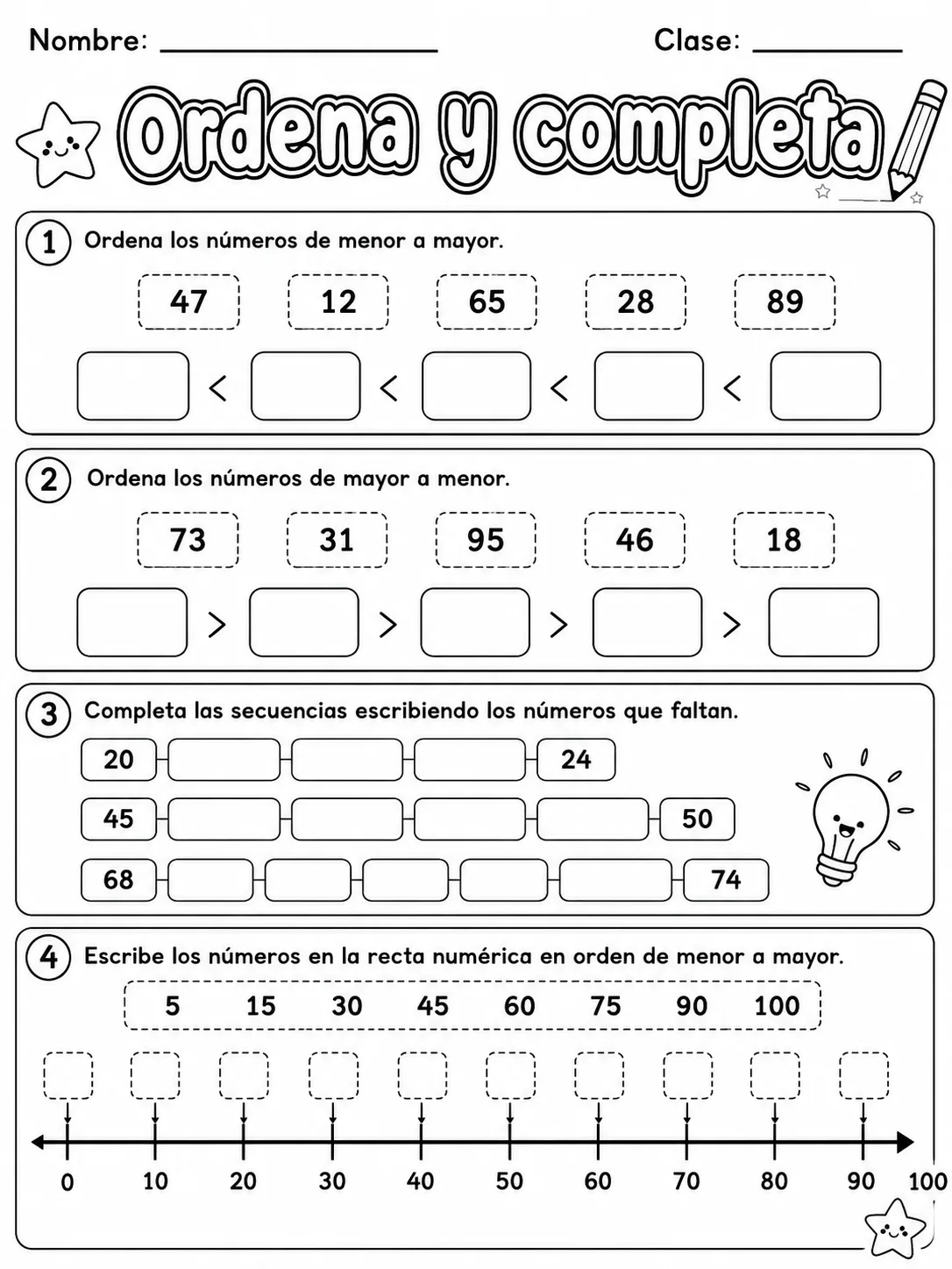 2.º grado - repaso mixto: comparación y orden de números - Paquete de fichas - Conjunto 2 página 6 vista previa imprimible