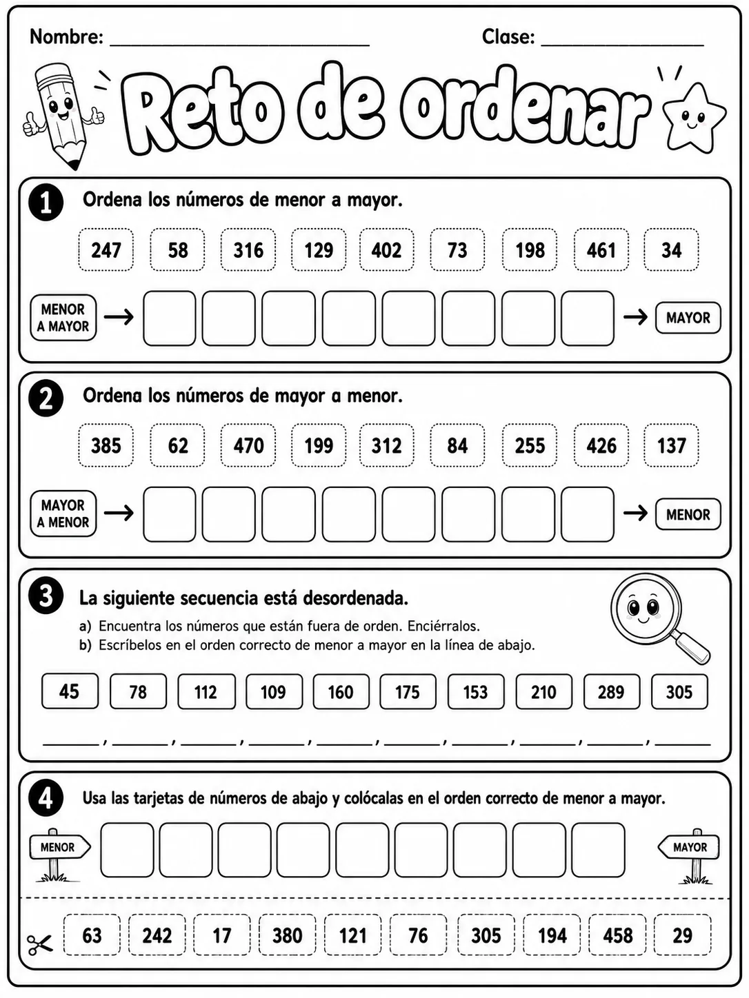 2.º grado - repaso mixto: comparación y orden de números - Paquete de fichas - Conjunto 2 página 9 vista previa imprimible