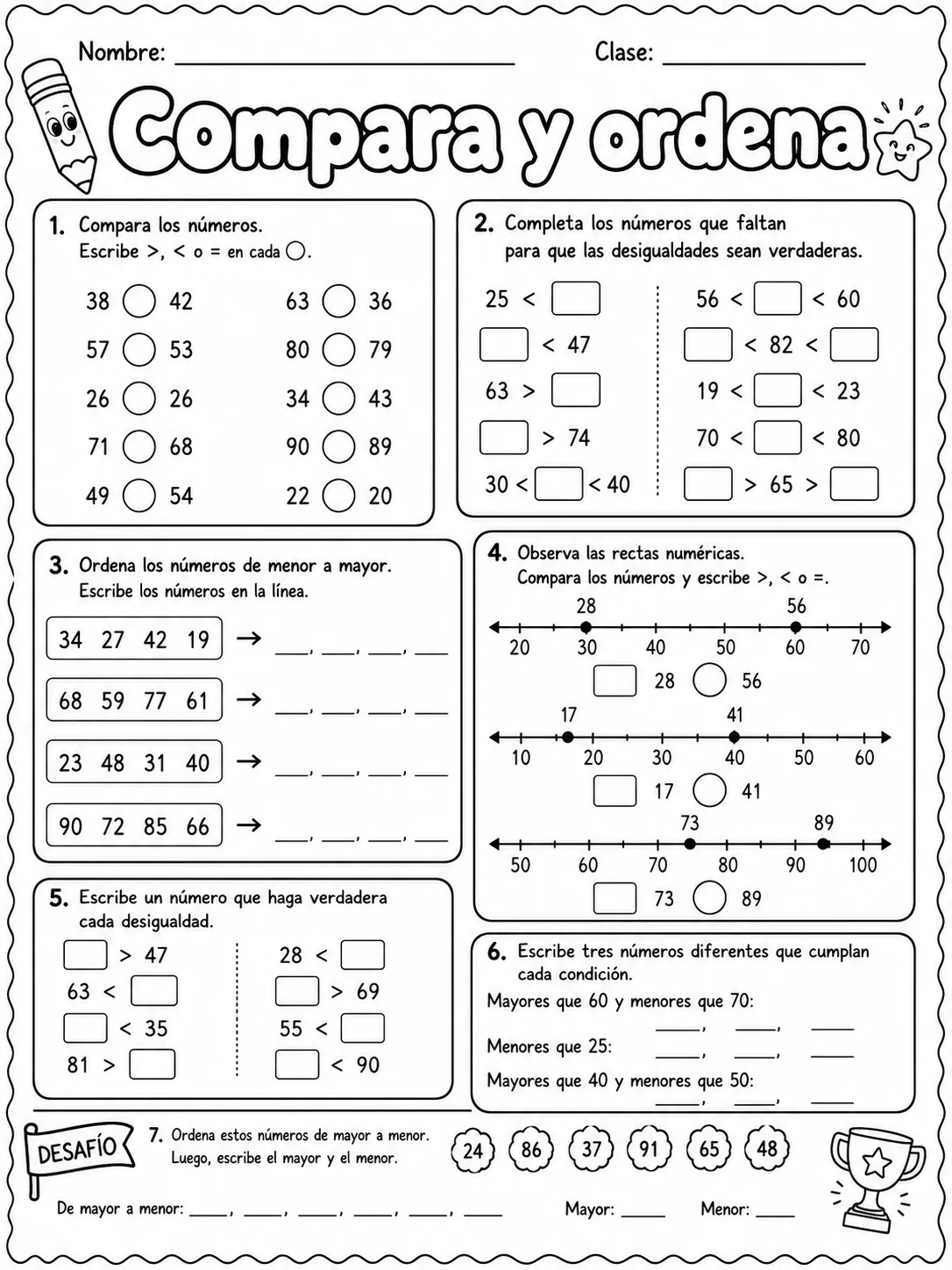 2.º grado - repaso mixto: comparación y orden de números - Paquete de fichas página 6 vista previa imprimible