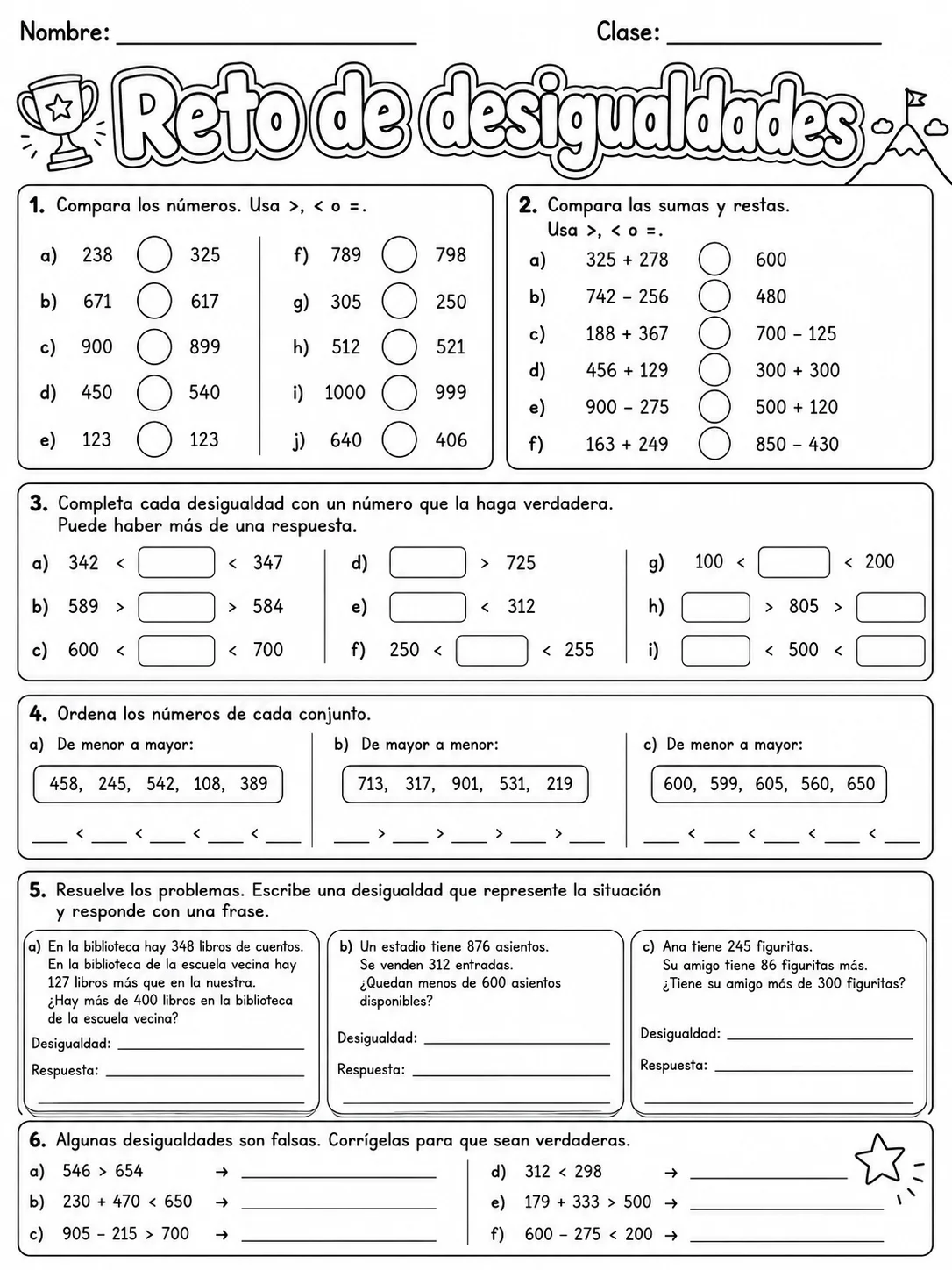 2.º grado - repaso mixto: comparación y orden de números - Paquete de fichas página 10 vista previa imprimible