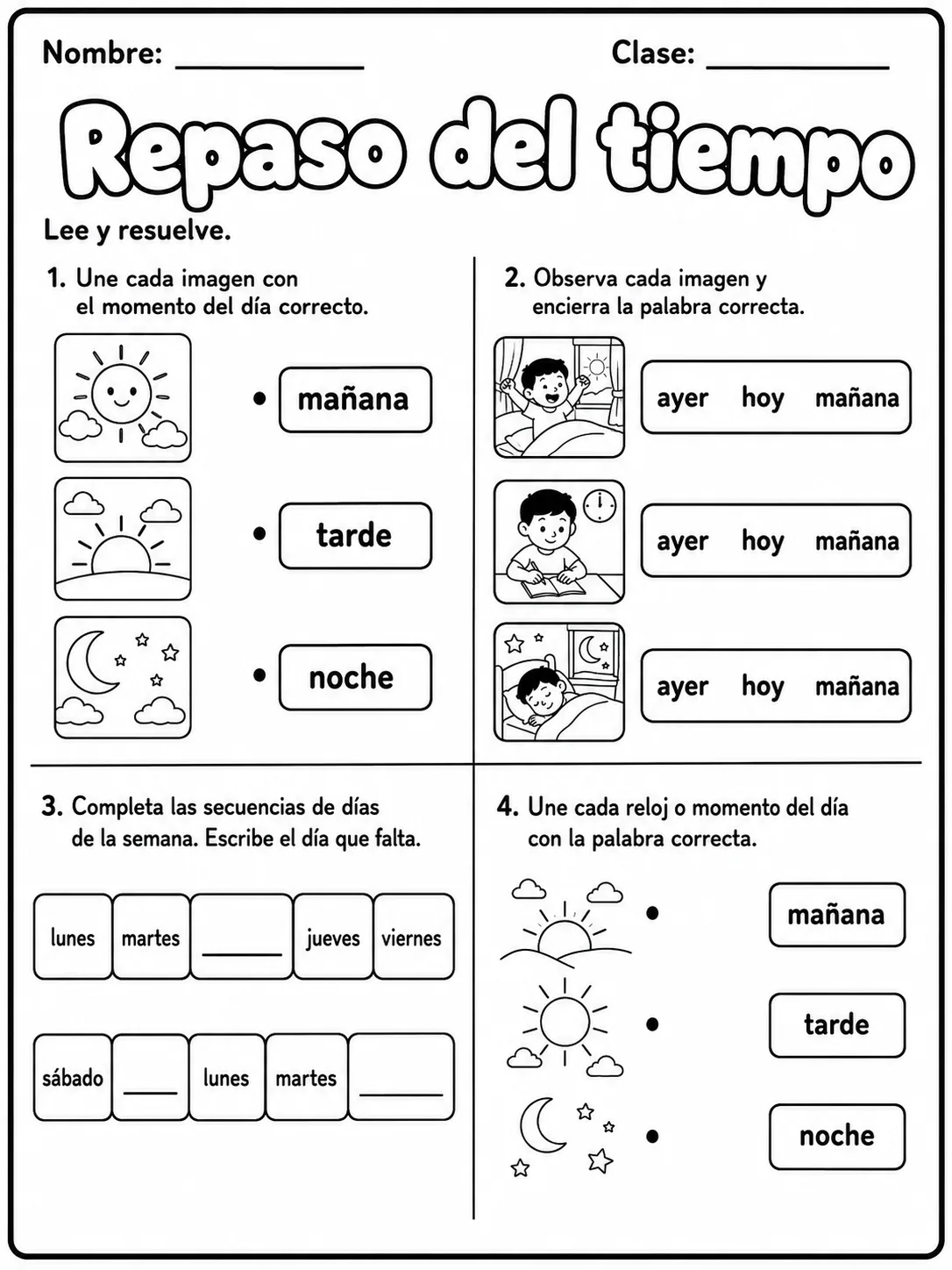 2.º grado - repaso mixto: tiempo y calendario - Paquete de fichas página 9 vista previa imprimible