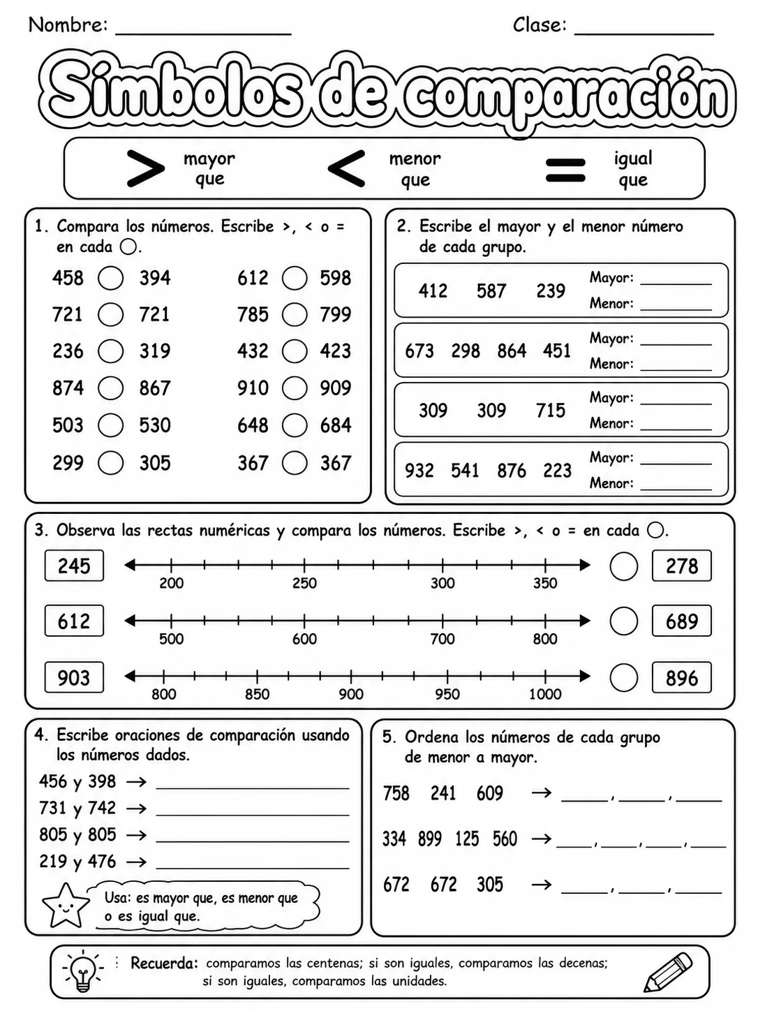 3.º grado - comparación y orden de números - Paquete de fichas página 6 vista previa imprimible