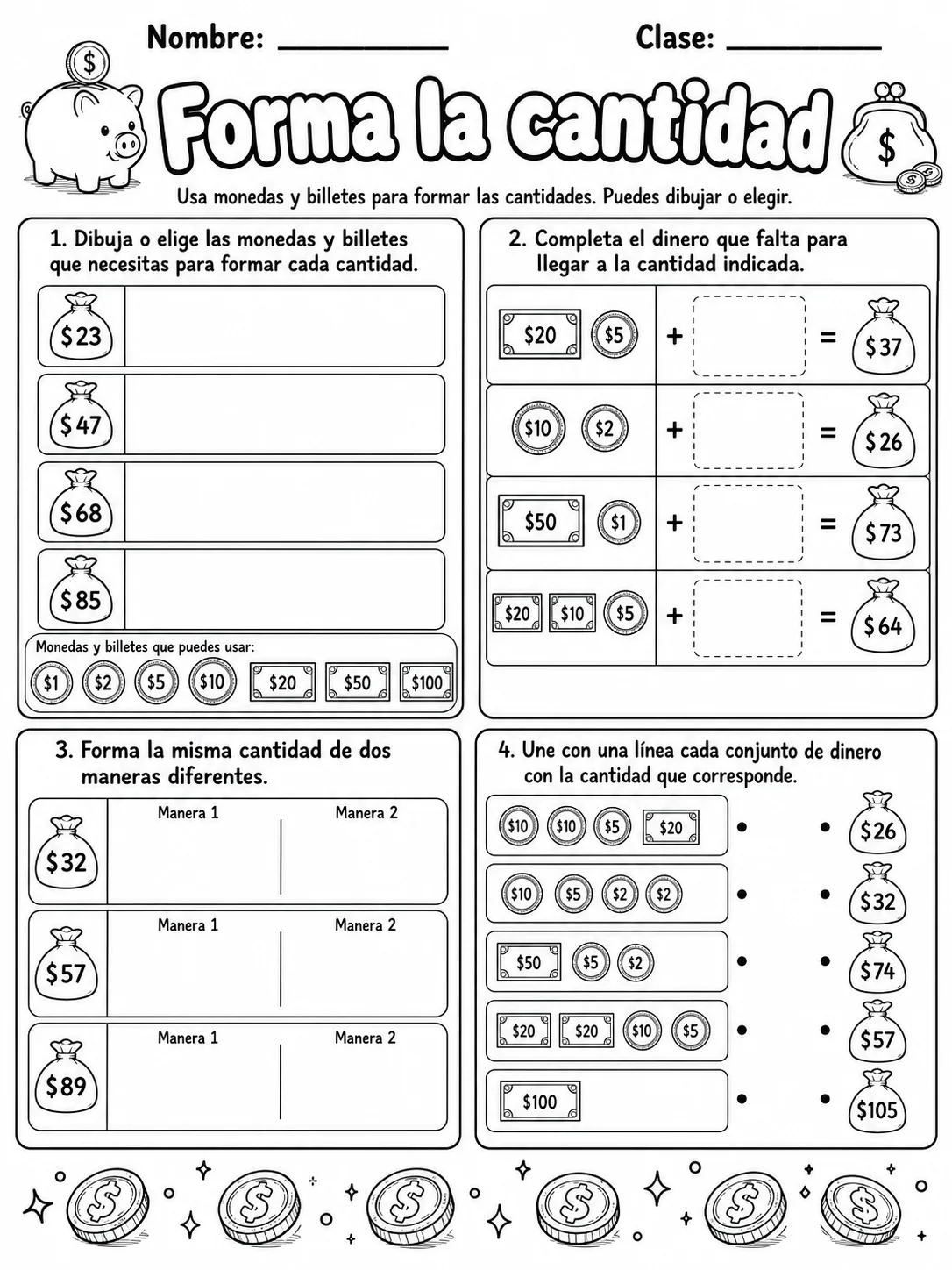3.º grado - dinero - Paquete de fichas página 5 vista previa imprimible