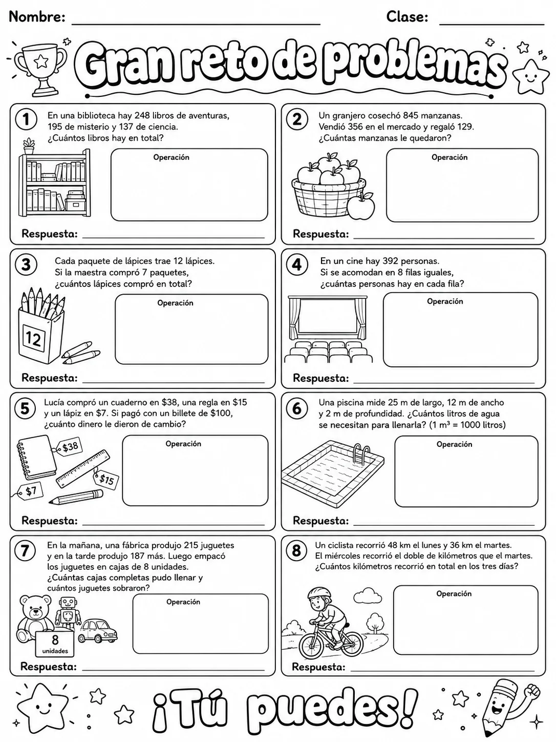 3.º grado - problemas matemáticos - Paquete de fichas página 10 vista previa imprimible
