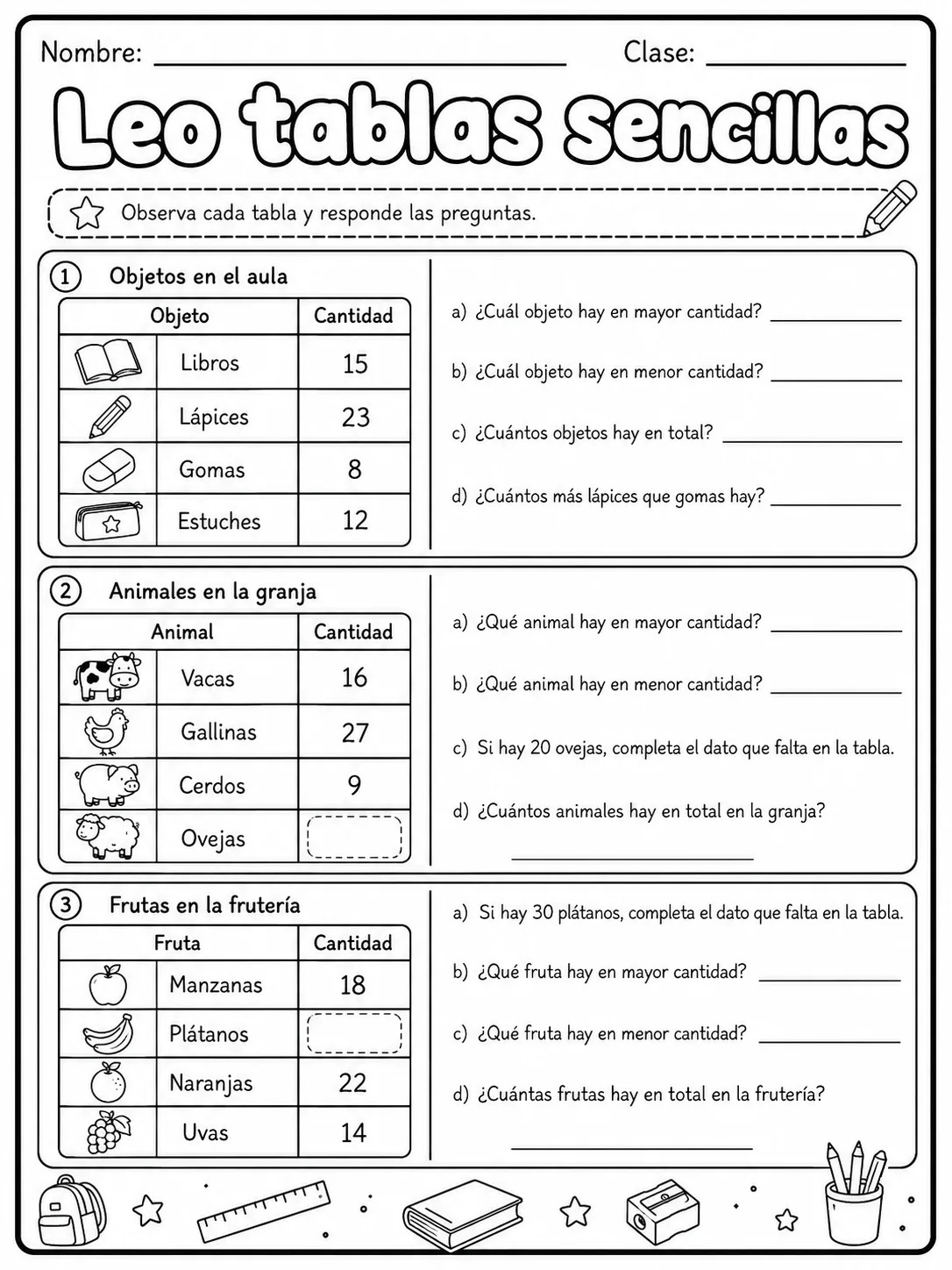3.º grado - repaso mixto: datos, tablas y gráficas y números y conteo - Paquete de fichas página 3 vista previa imprimible