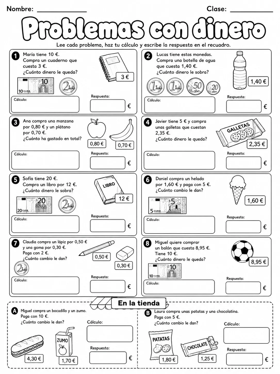 3.º grado - repaso mixto: fracciones, mitad y dobles y dinero - Paquete de fichas página 6 vista previa imprimible