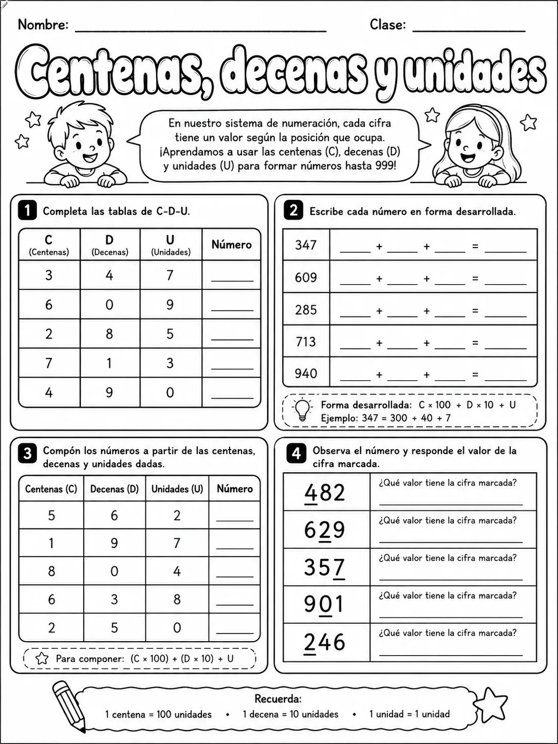 3.º grado - repaso mixto: números y conteo y comparación y orden de números - Paquete de fichas página 6 vista previa imprimible