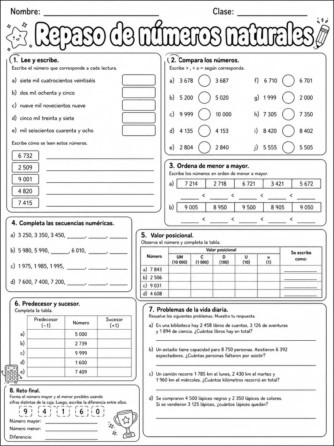 3.º grado - repaso mixto: números y conteo y comparación y orden de números - Paquete de fichas página 10 vista previa imprimible
