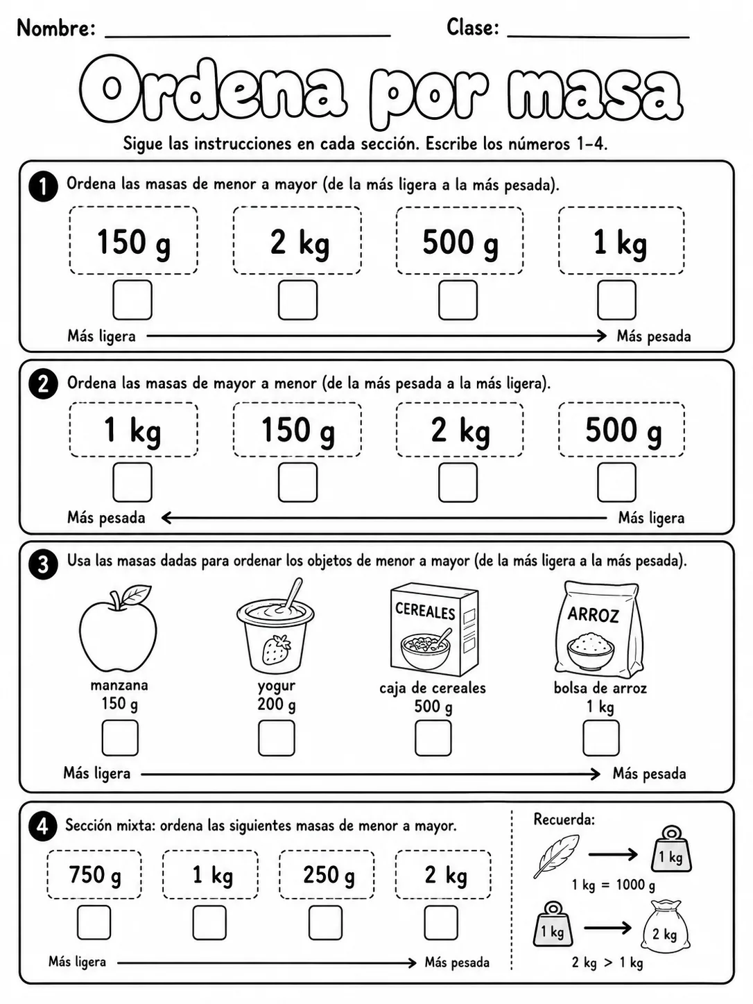 3.º grado - repaso mixto: suma y medidas de longitud, masa y capacidad - Paquete de fichas página 8 vista previa imprimible