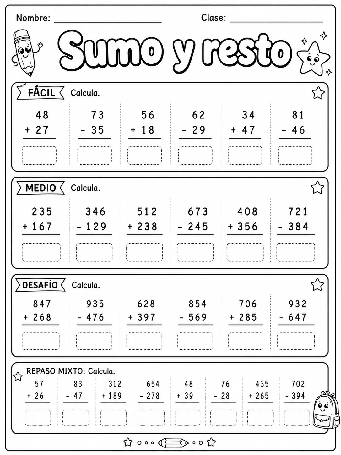 3.º grado - repaso mixto: suma y resta y tiempo y calendario - Paquete de fichas página 5 vista previa imprimible