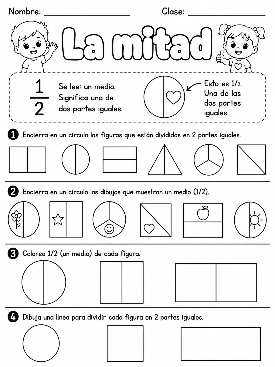 4.º grado - fracciones, mitad y dobles - Paquete de fichas vista previa imprimible de matemáticas en KiwiBee