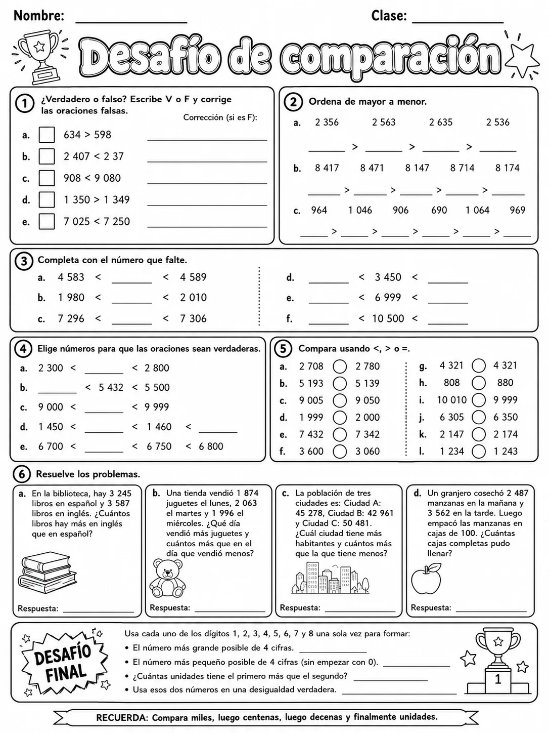 4.º grado - repaso mixto: comparación y orden de números - Paquete de fichas - Conjunto 2 página 10 vista previa imprimible