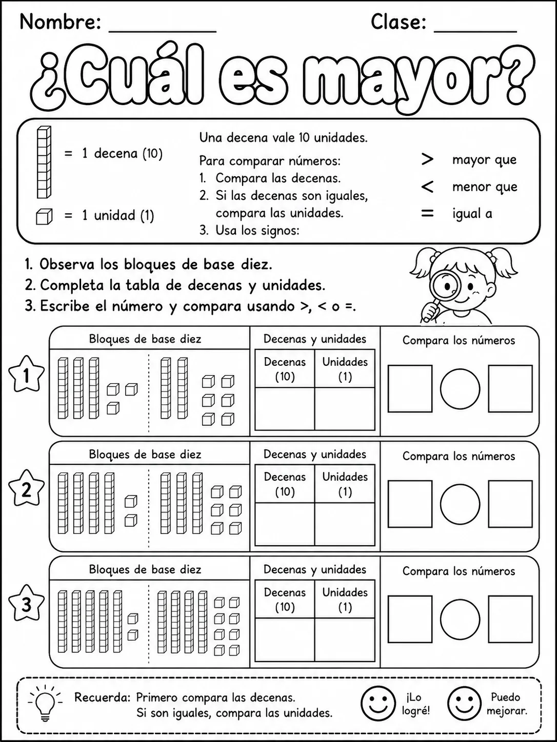 4.º grado - repaso mixto: comparación y orden de números y decimales - Paquete de fichas página 4 vista previa imprimible
