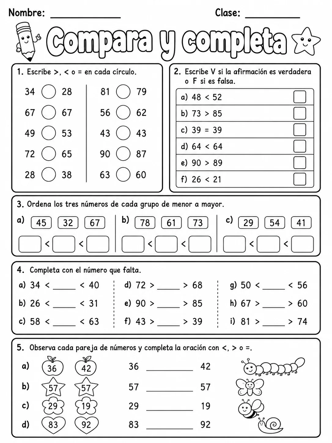 4.º grado - repaso mixto: comparación y orden de números y decimales - Paquete de fichas página 5 vista previa imprimible