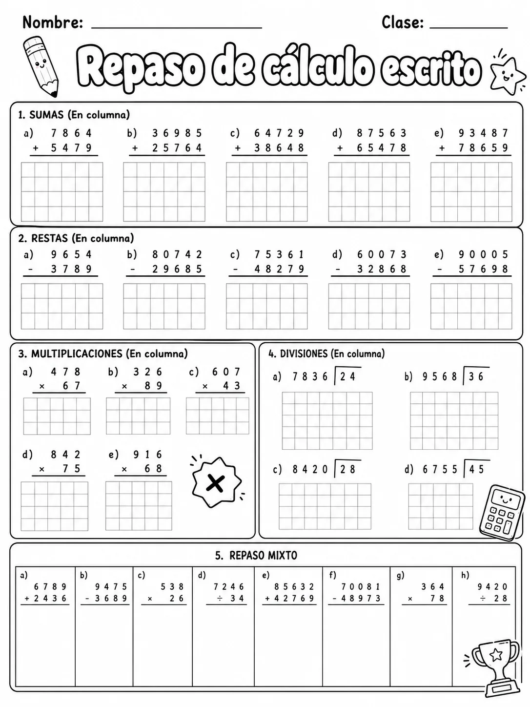 4.º grado - repaso mixto: decimales y multiplicación y división - Paquete de fichas página 10 vista previa imprimible