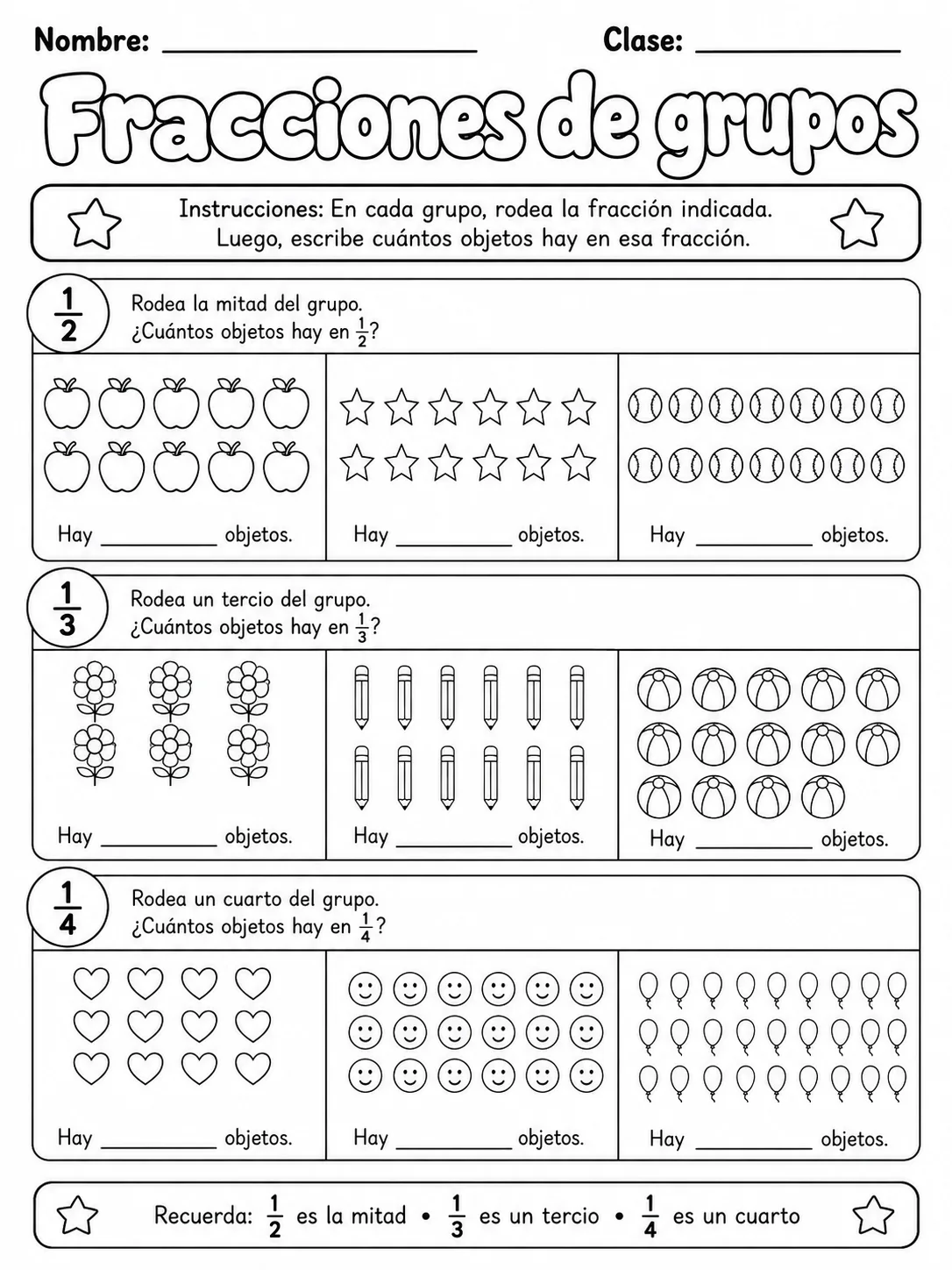 4.º grado - repaso mixto: fracciones, mitad y dobles y comparación y orden de números - Paquete de fichas página 8 vista previa imprimible