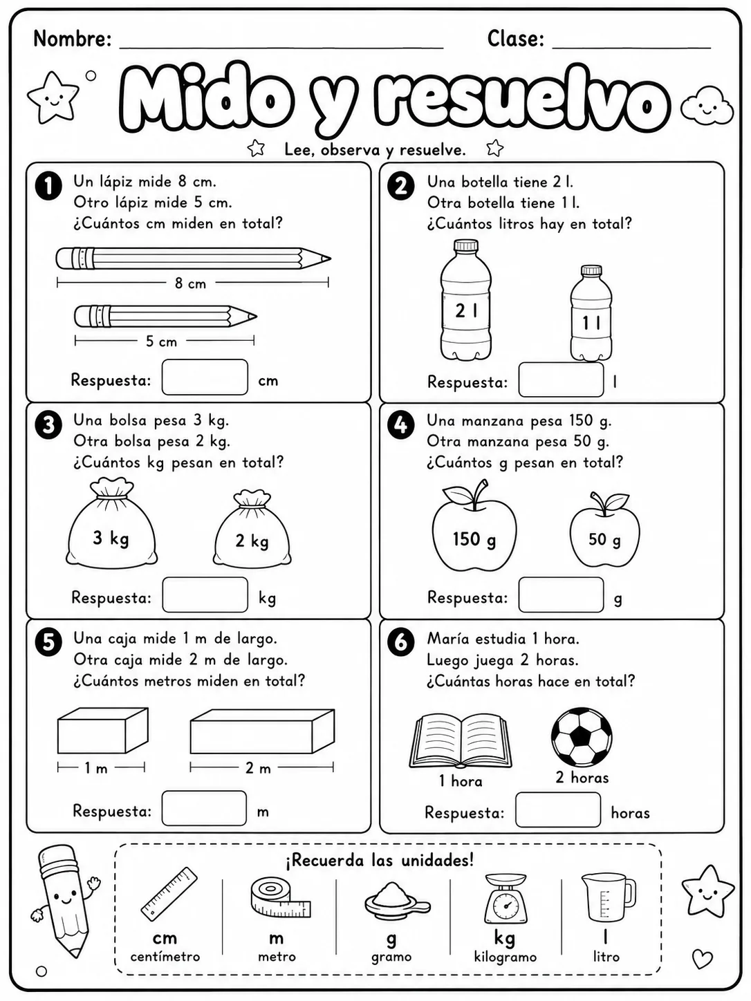 4.º grado - repaso mixto: medidas de longitud, masa y capacidad - Paquete de fichas vista previa imprimible de matemáticas en KiwiBee