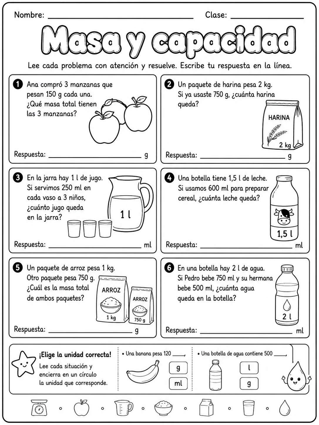 4.º grado - repaso mixto: medidas de longitud, masa y capacidad y patrones y secuencias - Paquete de fichas página 3 vista previa imprimible