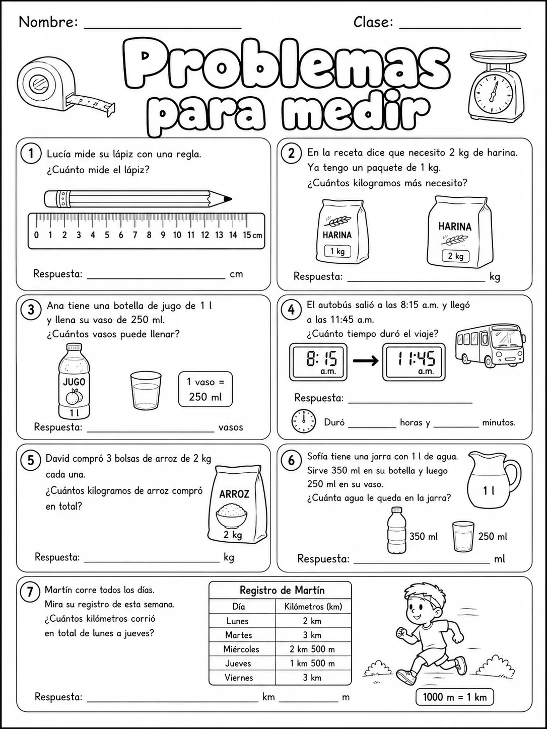 4.º grado - repaso mixto: medidas de longitud, masa y capacidad y patrones y secuencias - Paquete de fichas página 5 vista previa imprimible