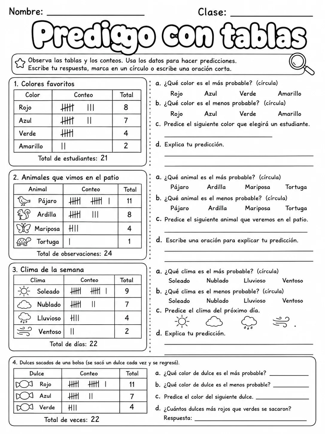 4.º grado - repaso mixto: probabilidad y datos, tablas y gráficas - Paquete de fichas página 5 vista previa imprimible