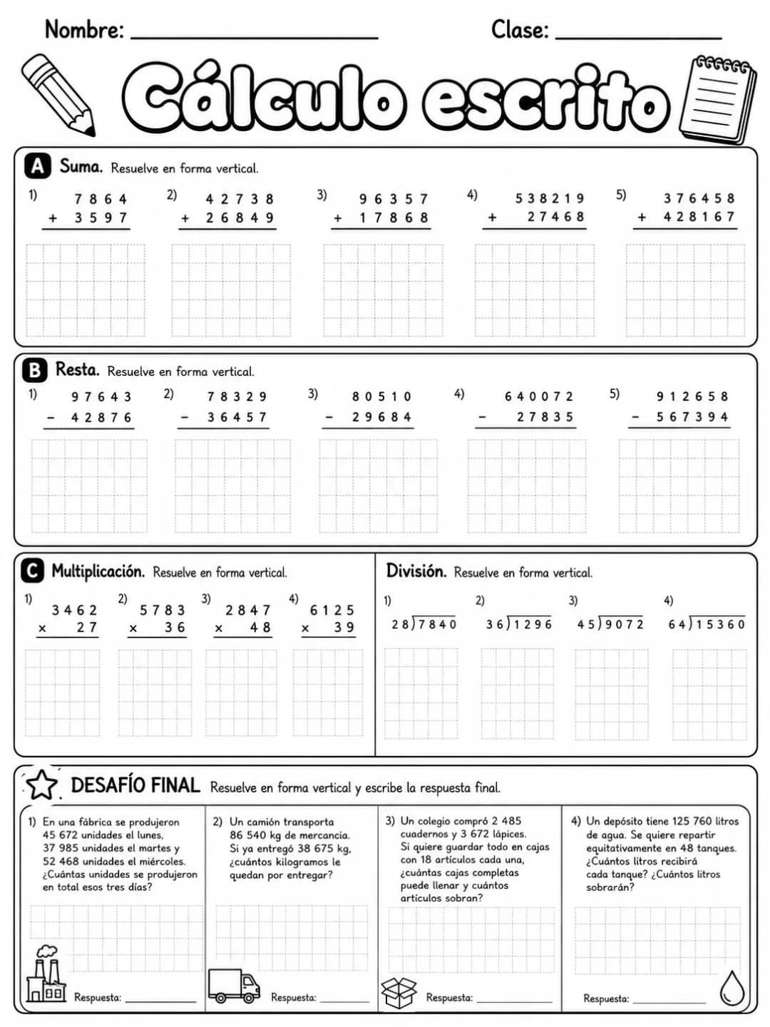 4.º grado - repaso mixto: suma y resta y multiplicación y división - Paquete de fichas página 9 vista previa imprimible