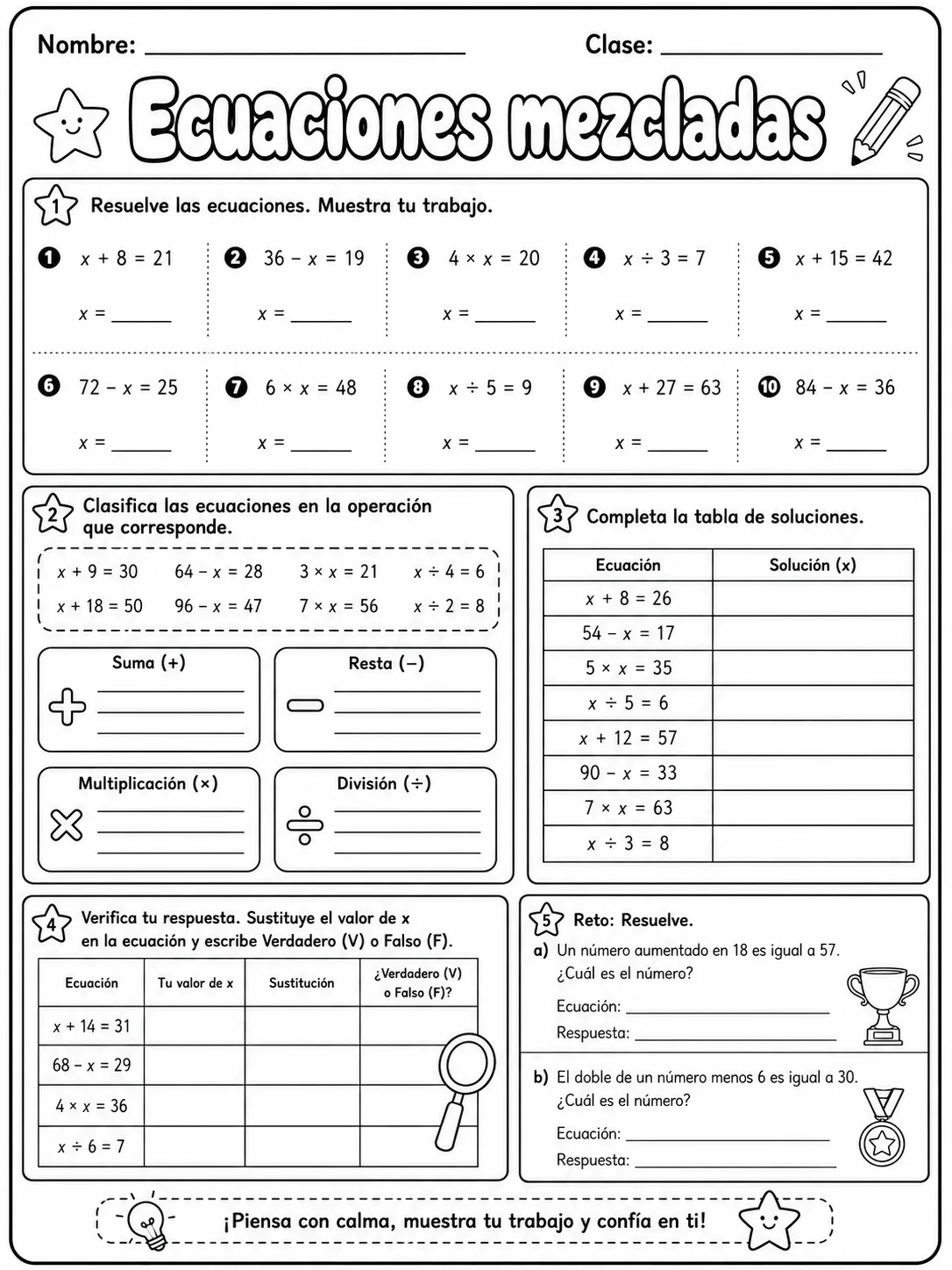 5.º grado - ecuaciones y patrones - Paquete de fichas página 9 vista previa imprimible