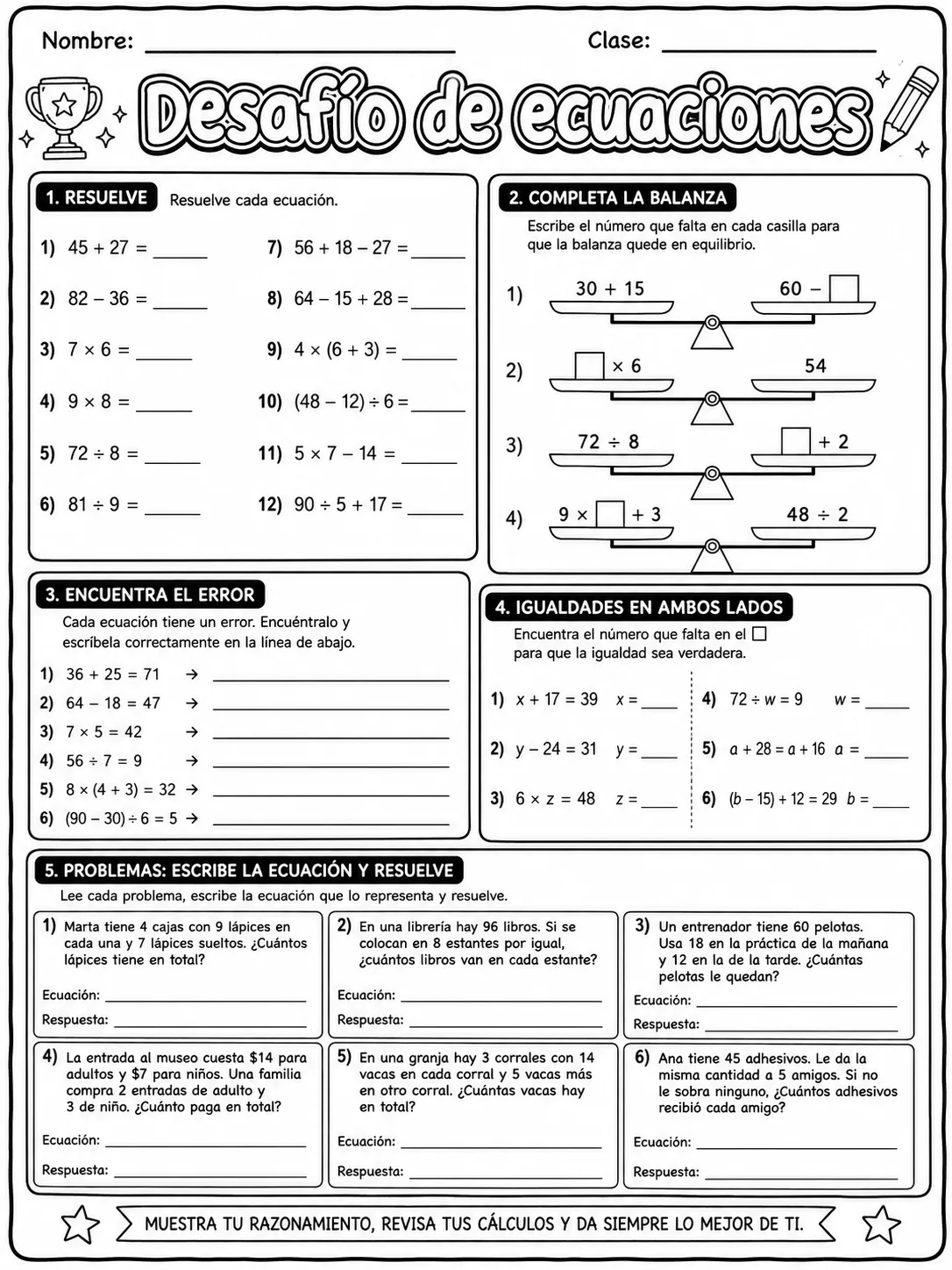 5.º grado - ecuaciones y patrones - Paquete de fichas página 10 vista previa imprimible