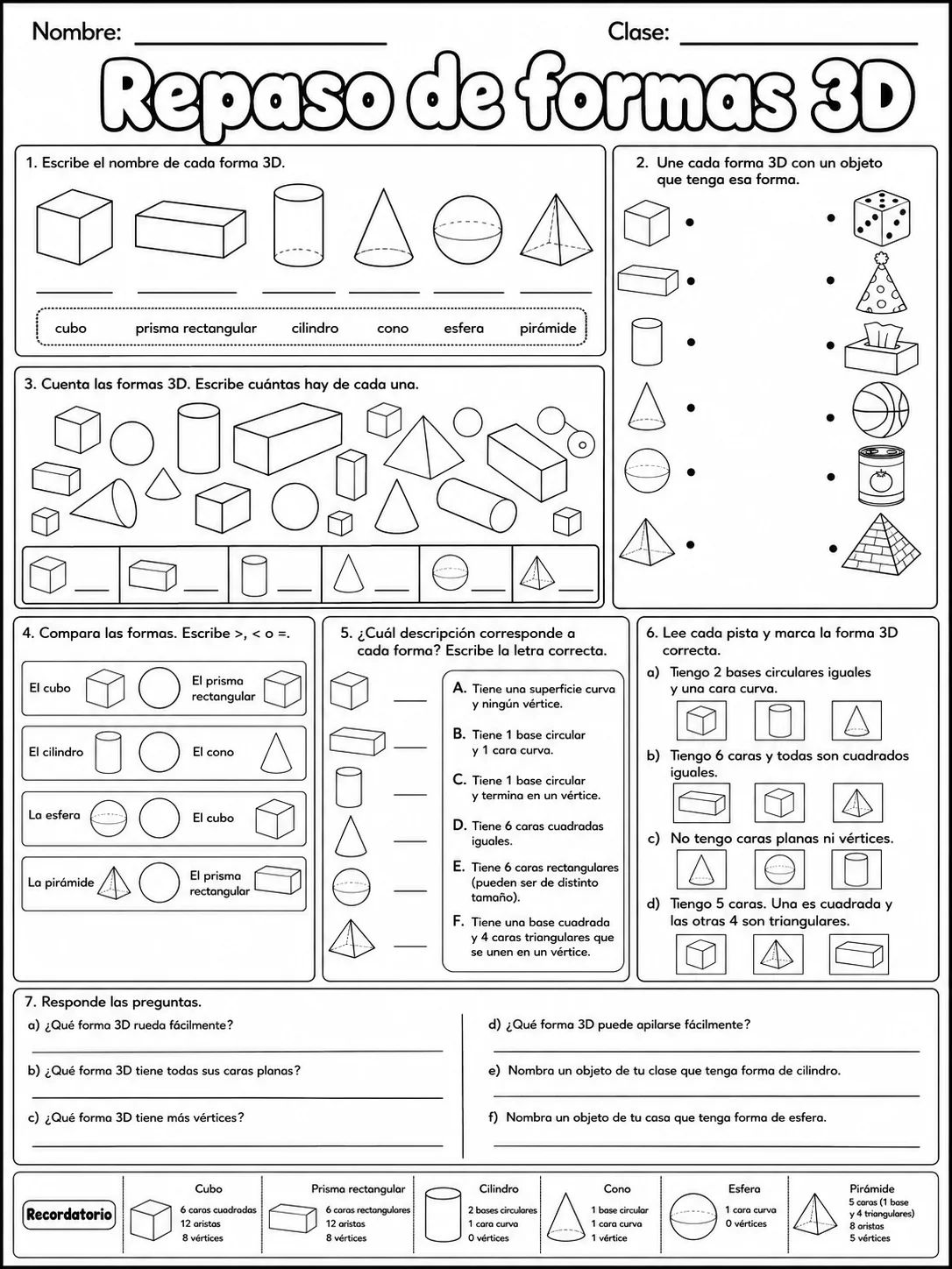 5.º grado - figuras 3D - Paquete de fichas página 10 vista previa imprimible