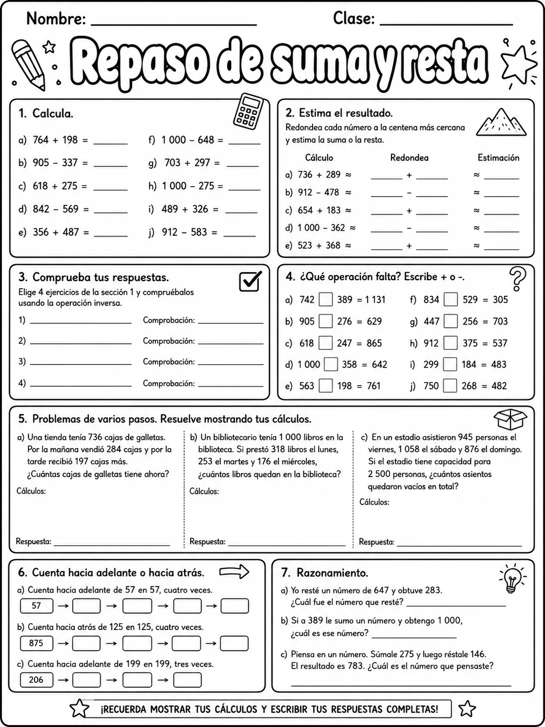 5.º grado - suma y resta - Paquete de fichas página 9 vista previa imprimible