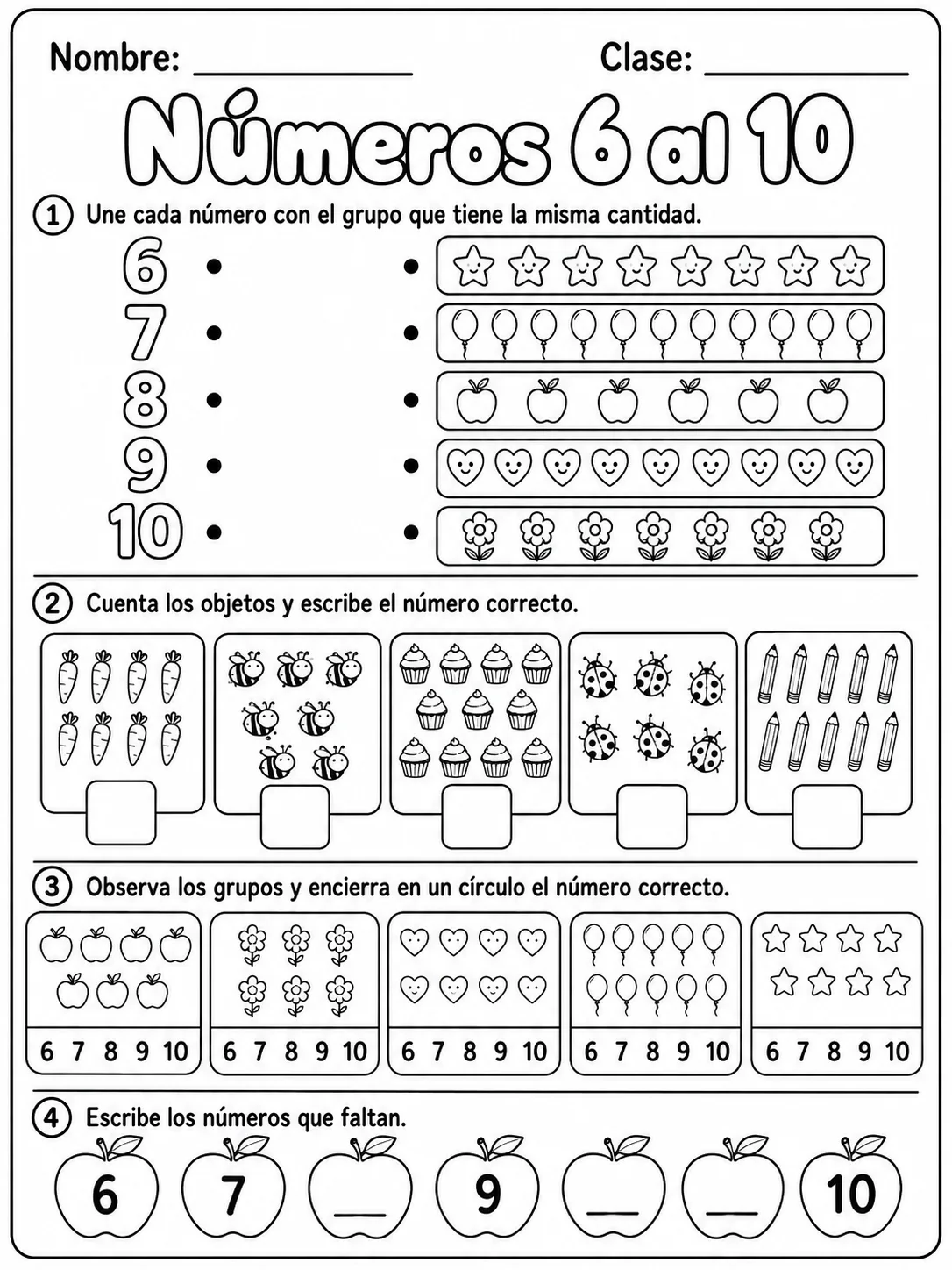 Kindergarten - números del 6 al 10 - Paquete de fichas página 6 vista previa imprimible