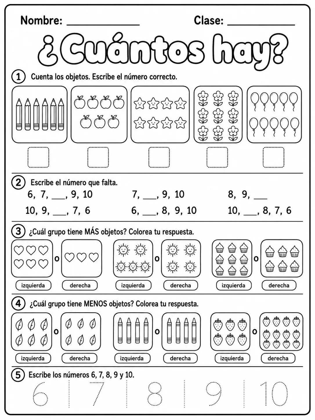 Kindergarten - números del 6 al 10 - Paquete de fichas página 8 vista previa imprimible