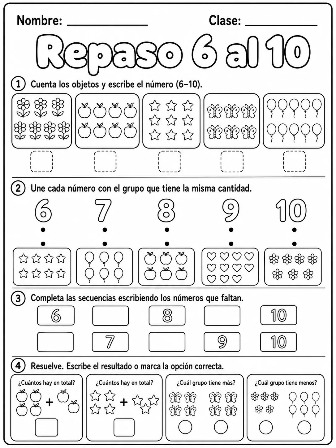 Kindergarten - números del 6 al 10 - Paquete de fichas página 10 vista previa imprimible