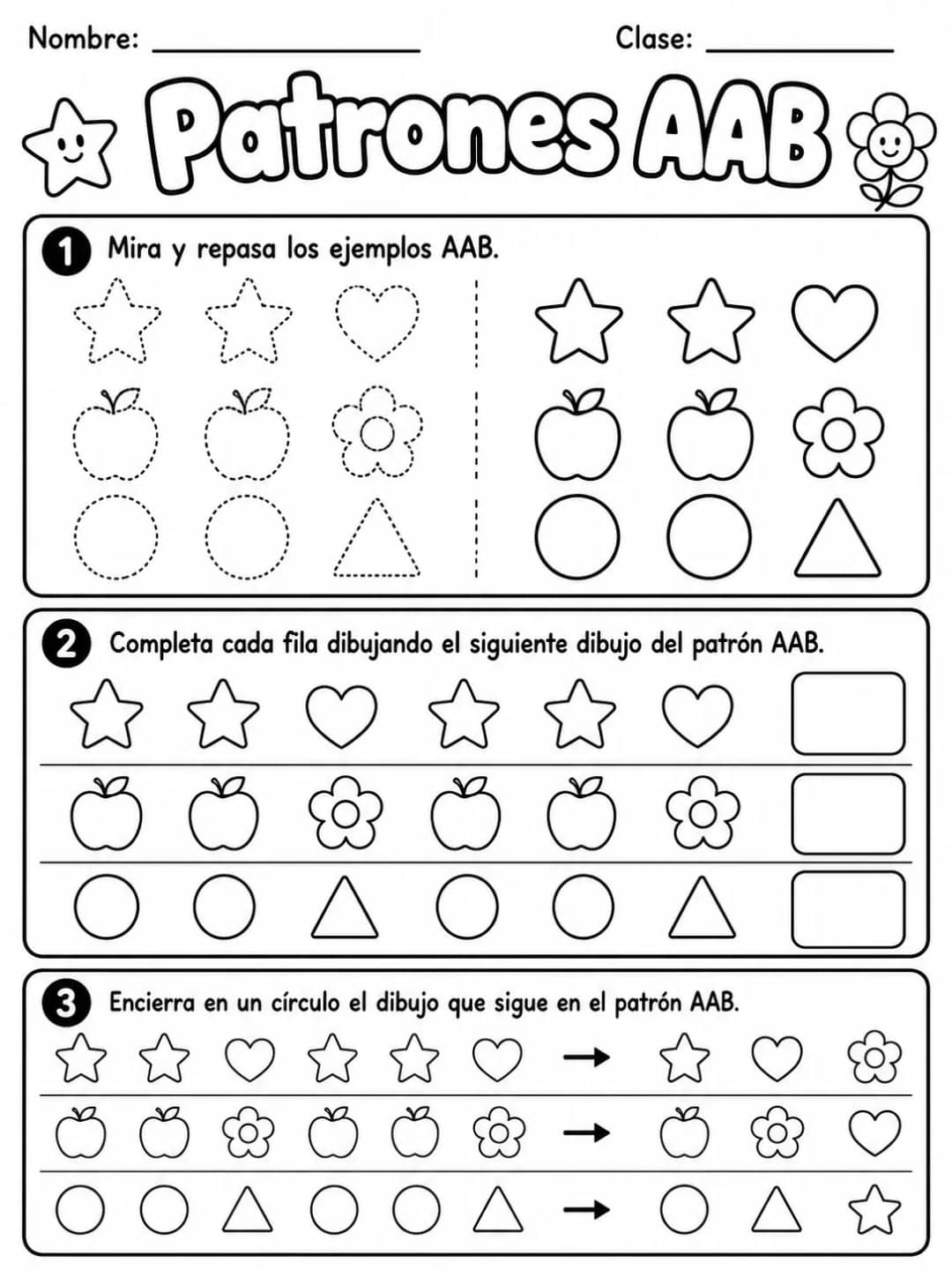 Kindergarten - patrones AAB - Paquete de fichas - Conjunto 2 vista previa imprimible de matemáticas en KiwiBee