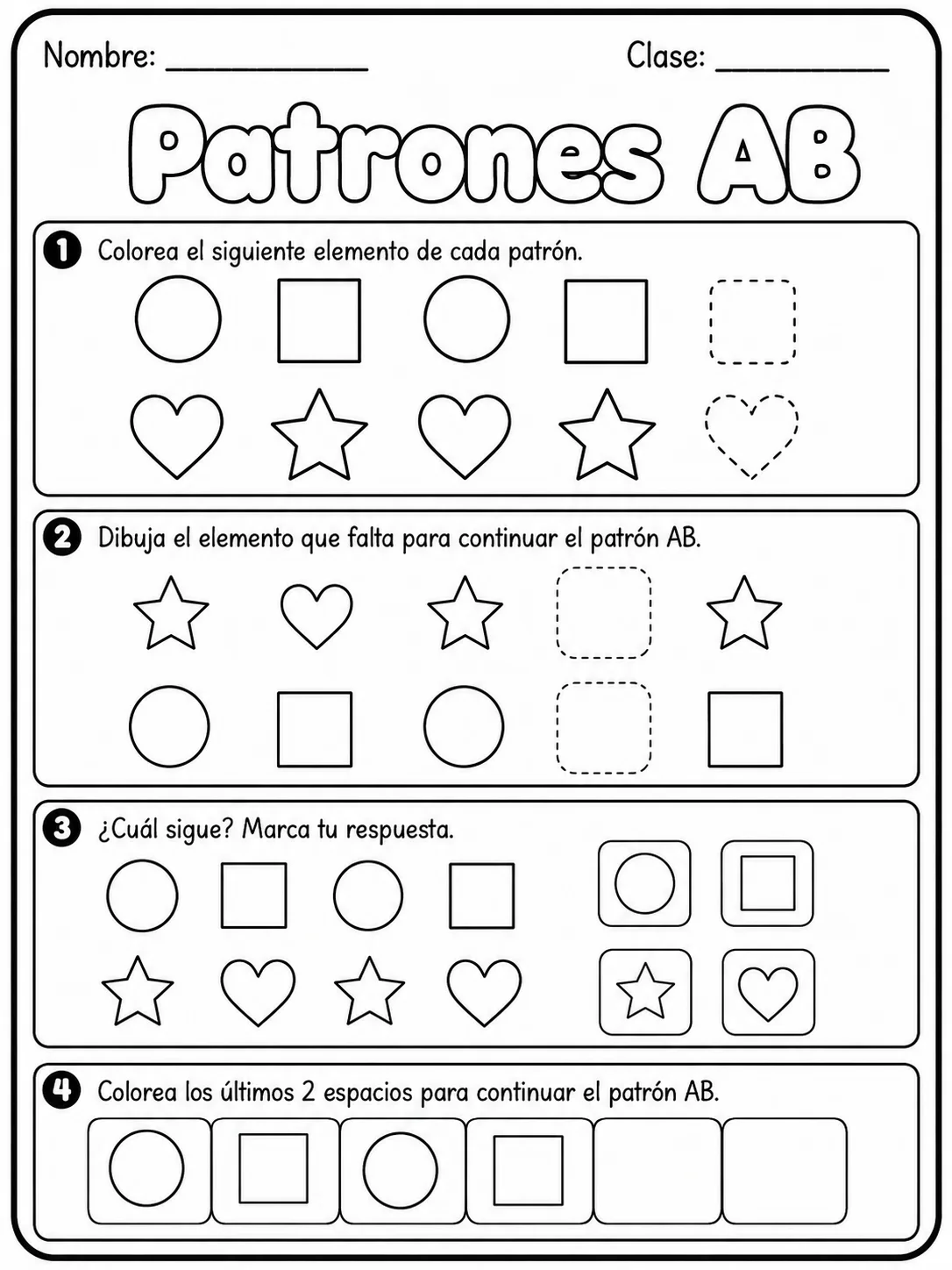 Kindergarten - patrones AB - Paquete de fichas vista previa imprimible de matemáticas en KiwiBee