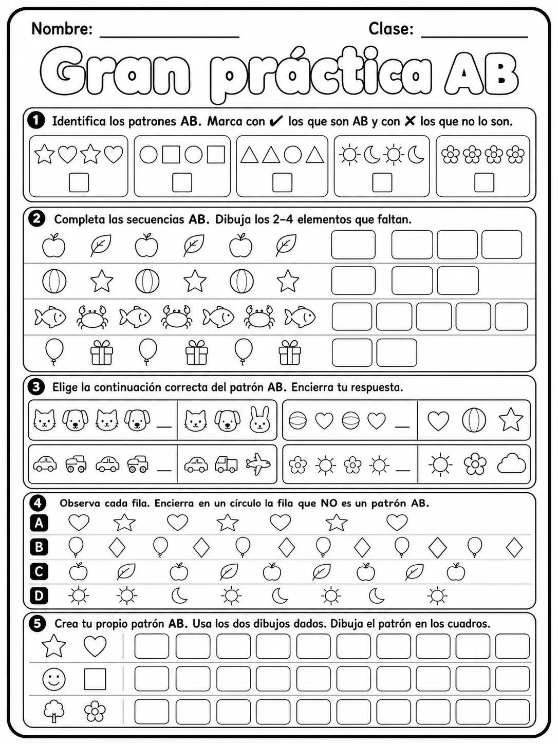 Kindergarten - patrones AB - Paquete de fichas página 10 vista previa imprimible