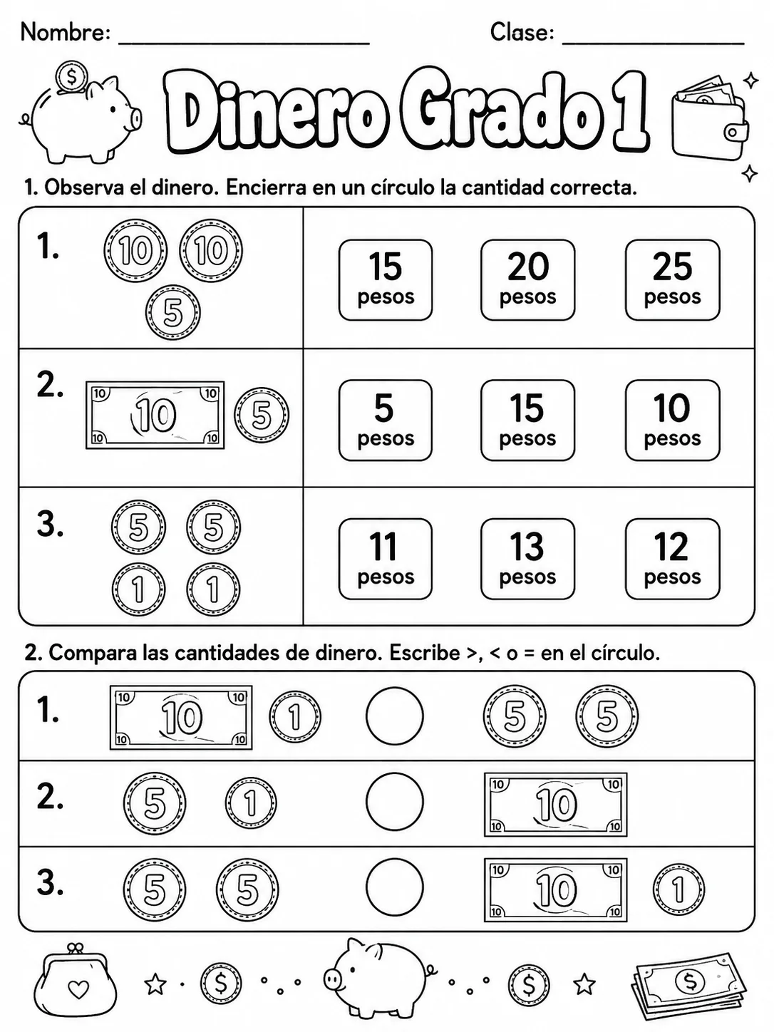 1.º grado - dinero - Paquete de fichas página 2 vista previa imprimible