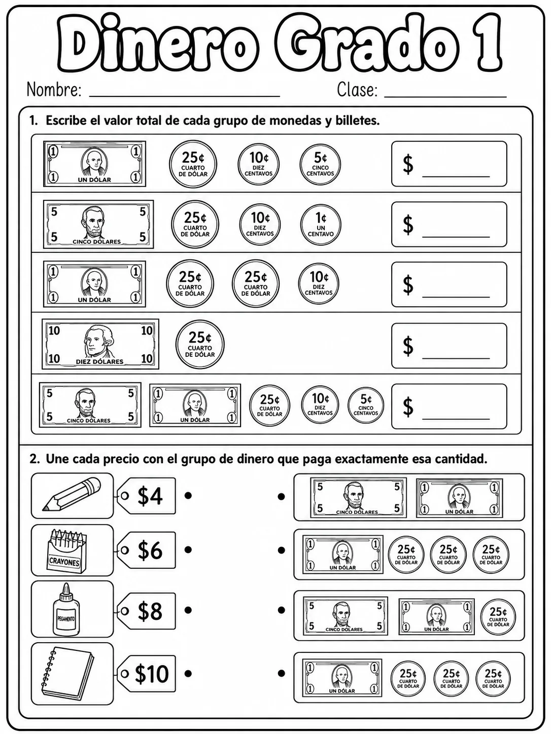 1.º grado - dinero - Paquete de fichas página 3 vista previa imprimible