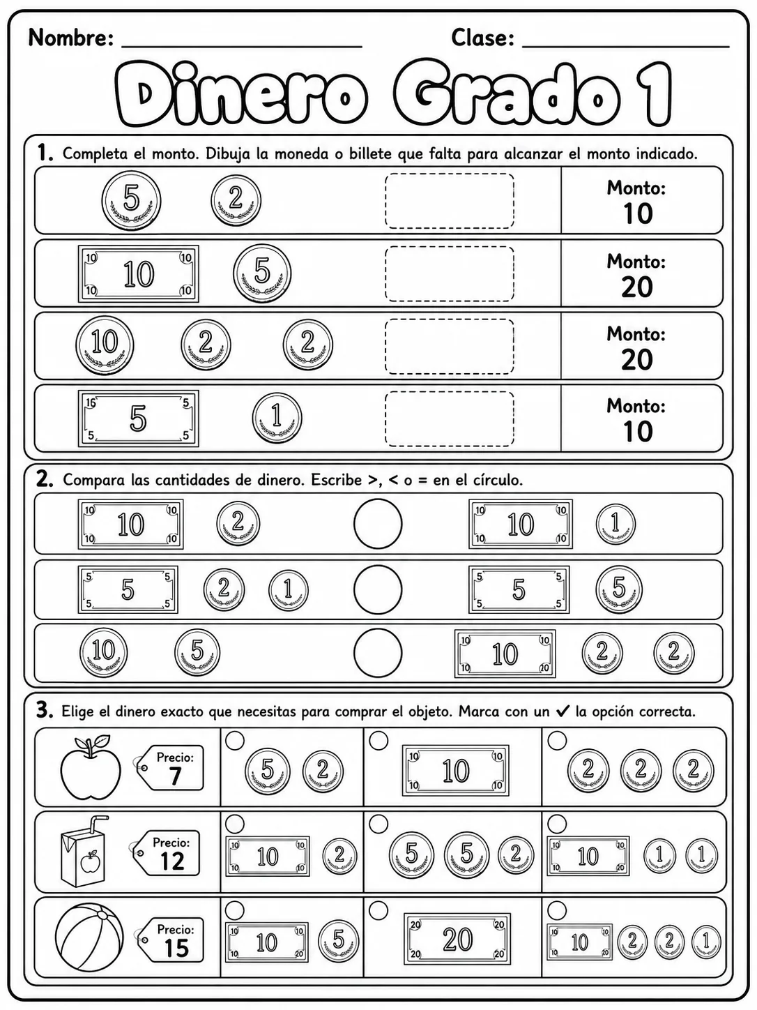 1.º grado - dinero - Paquete de fichas página 4 vista previa imprimible
