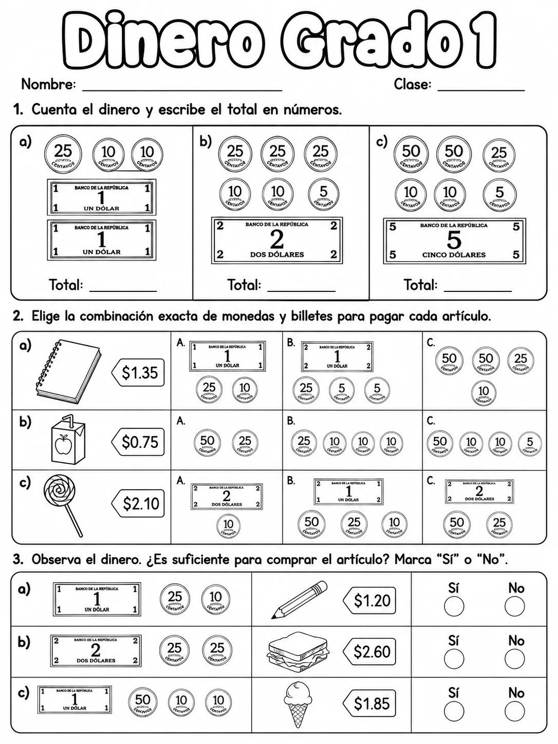 1.º grado - dinero - Paquete de fichas página 5 vista previa imprimible