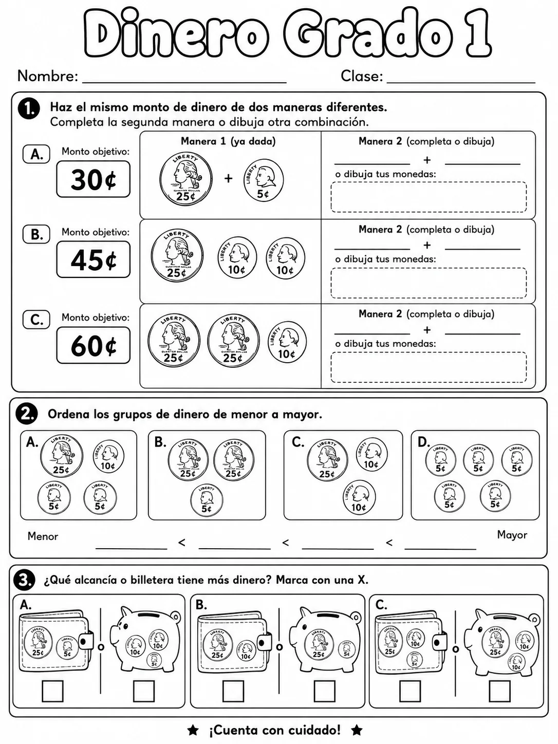 1.º grado - dinero - Paquete de fichas página 6 vista previa imprimible