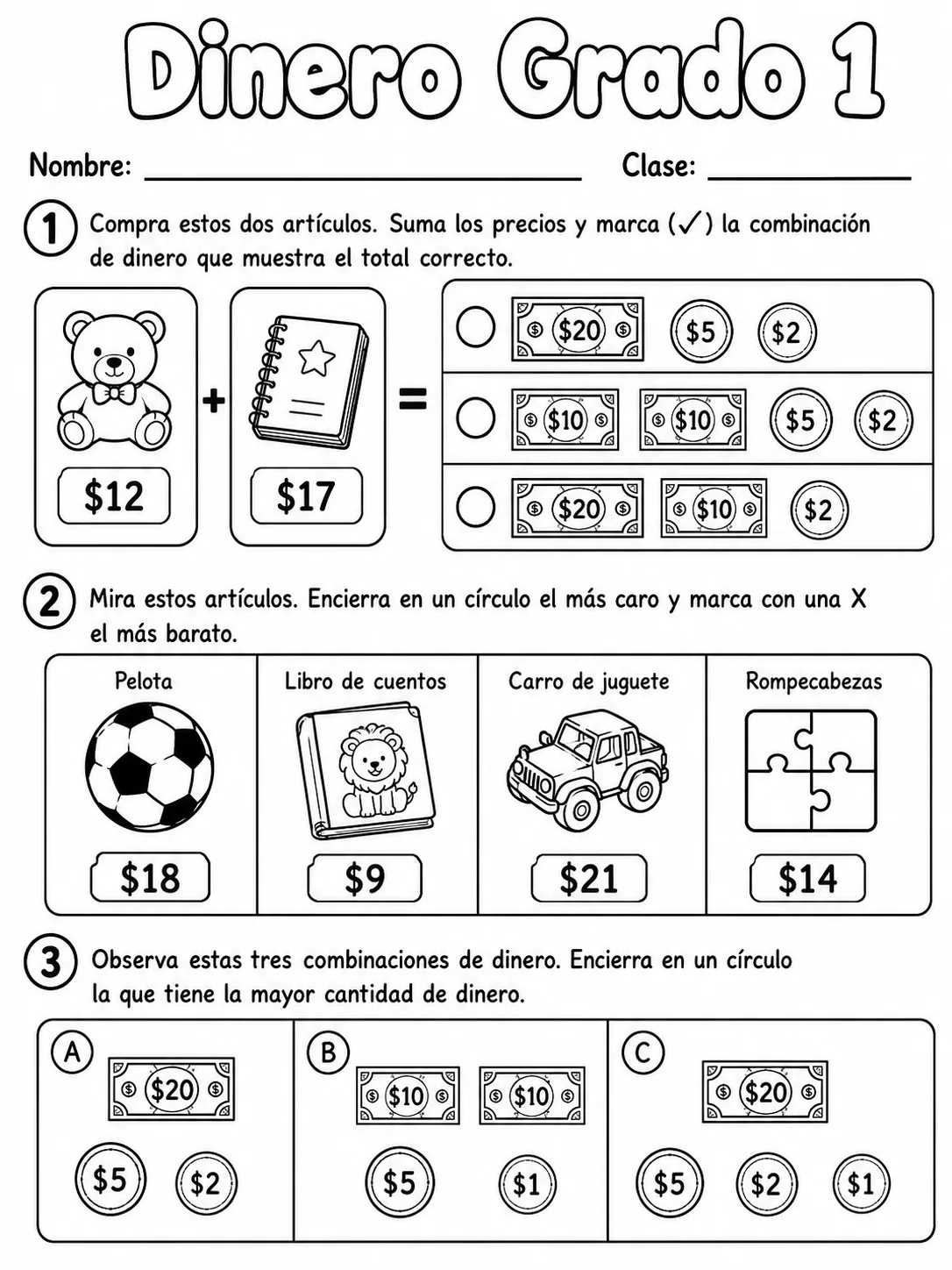 1.º grado - dinero - Paquete de fichas página 7 vista previa imprimible