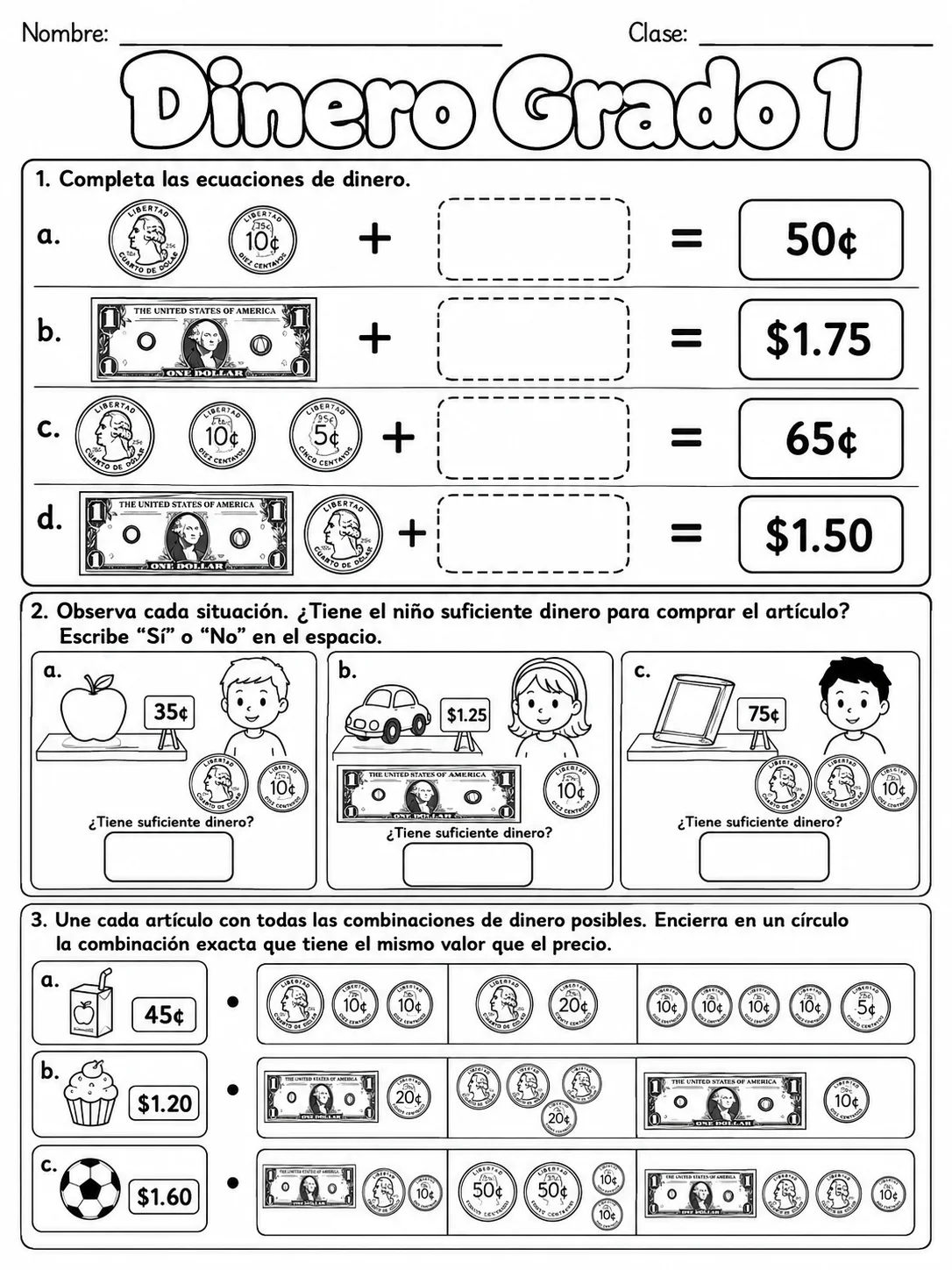 1.º grado - dinero - Paquete de fichas página 8 vista previa imprimible