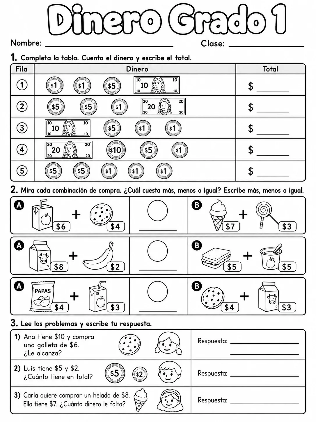 1.º grado - dinero - Paquete de fichas página 9 vista previa imprimible
