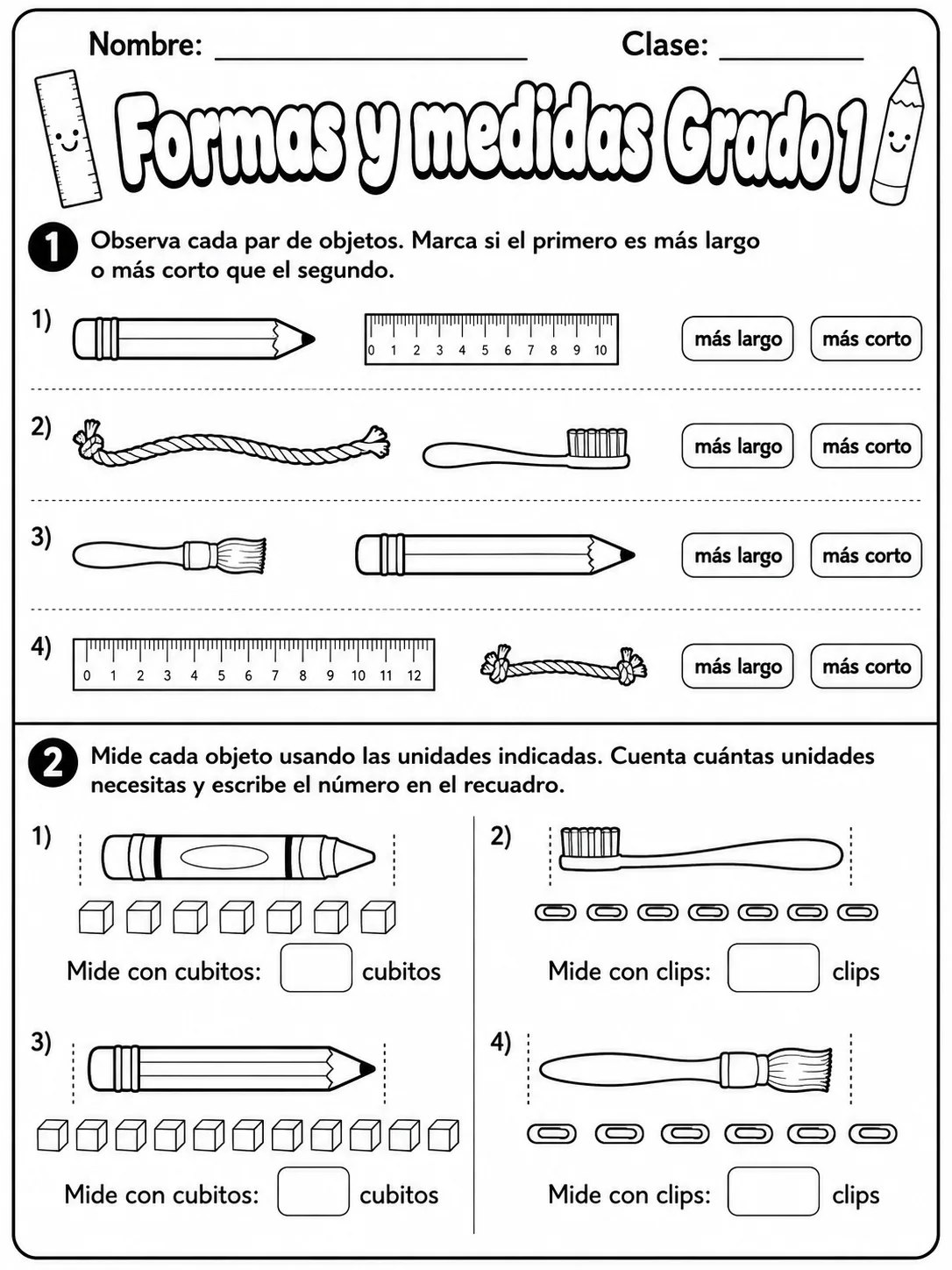 1.º grado - medidas de longitud, masa y capacidad - Paquete de fichas página 4 vista previa imprimible