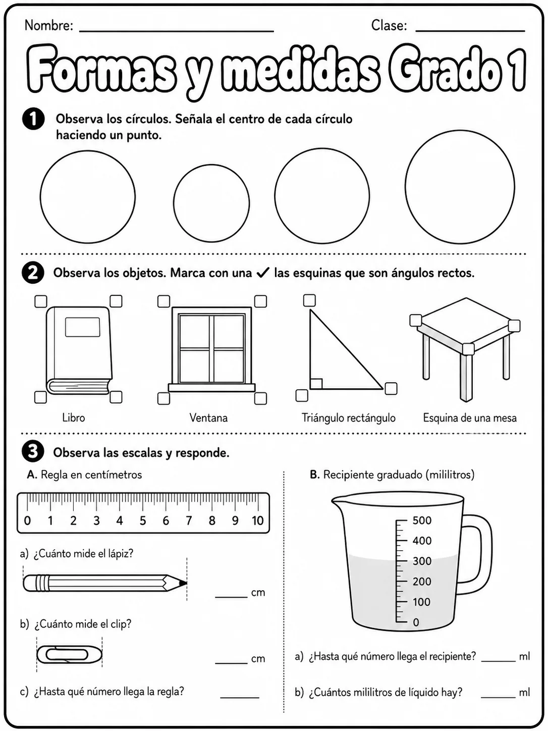 1.º grado - medidas de longitud, masa y capacidad - Paquete de fichas página 8 vista previa imprimible