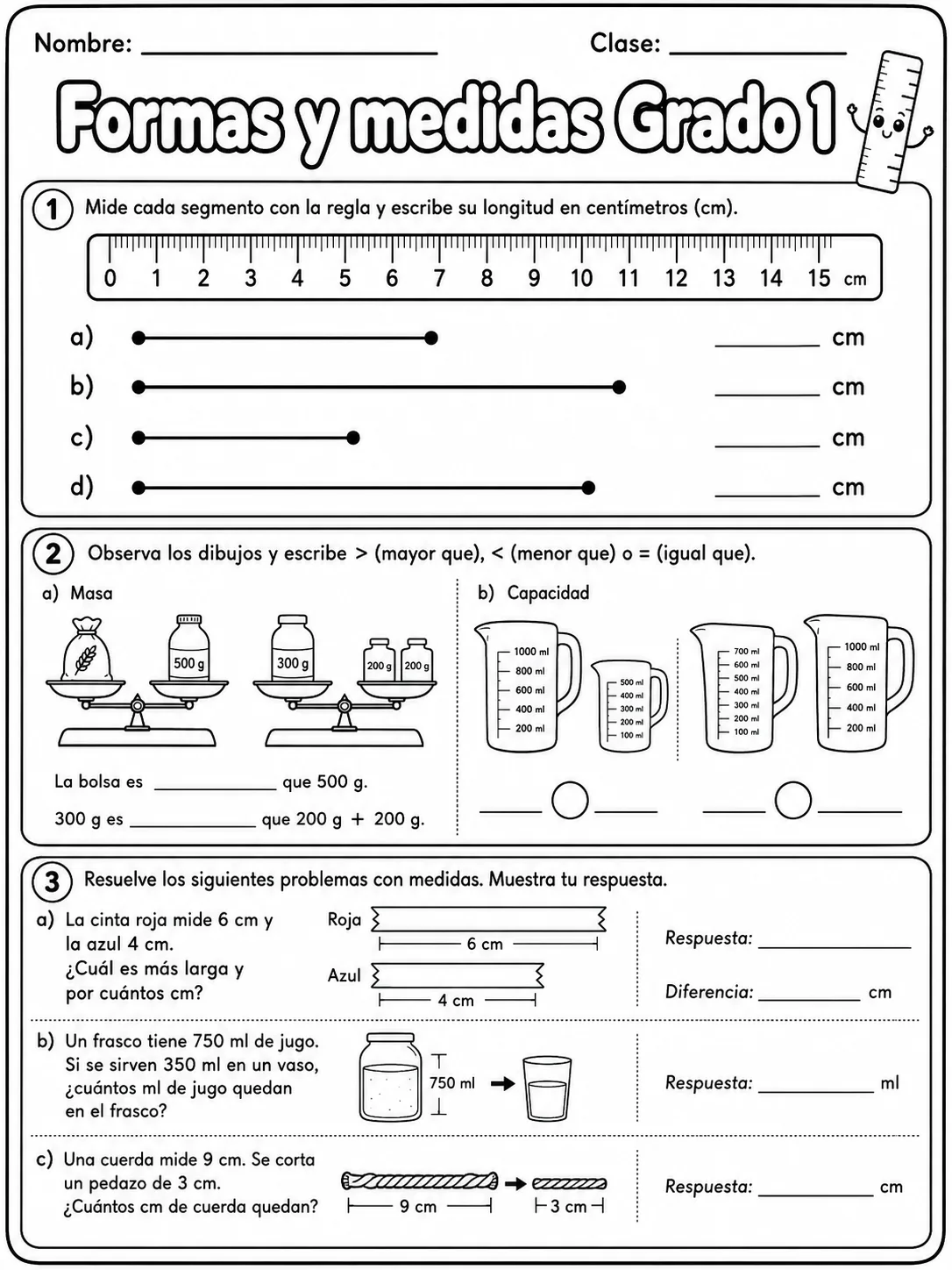 1.º grado - medidas de longitud, masa y capacidad - Paquete de fichas página 9 vista previa imprimible