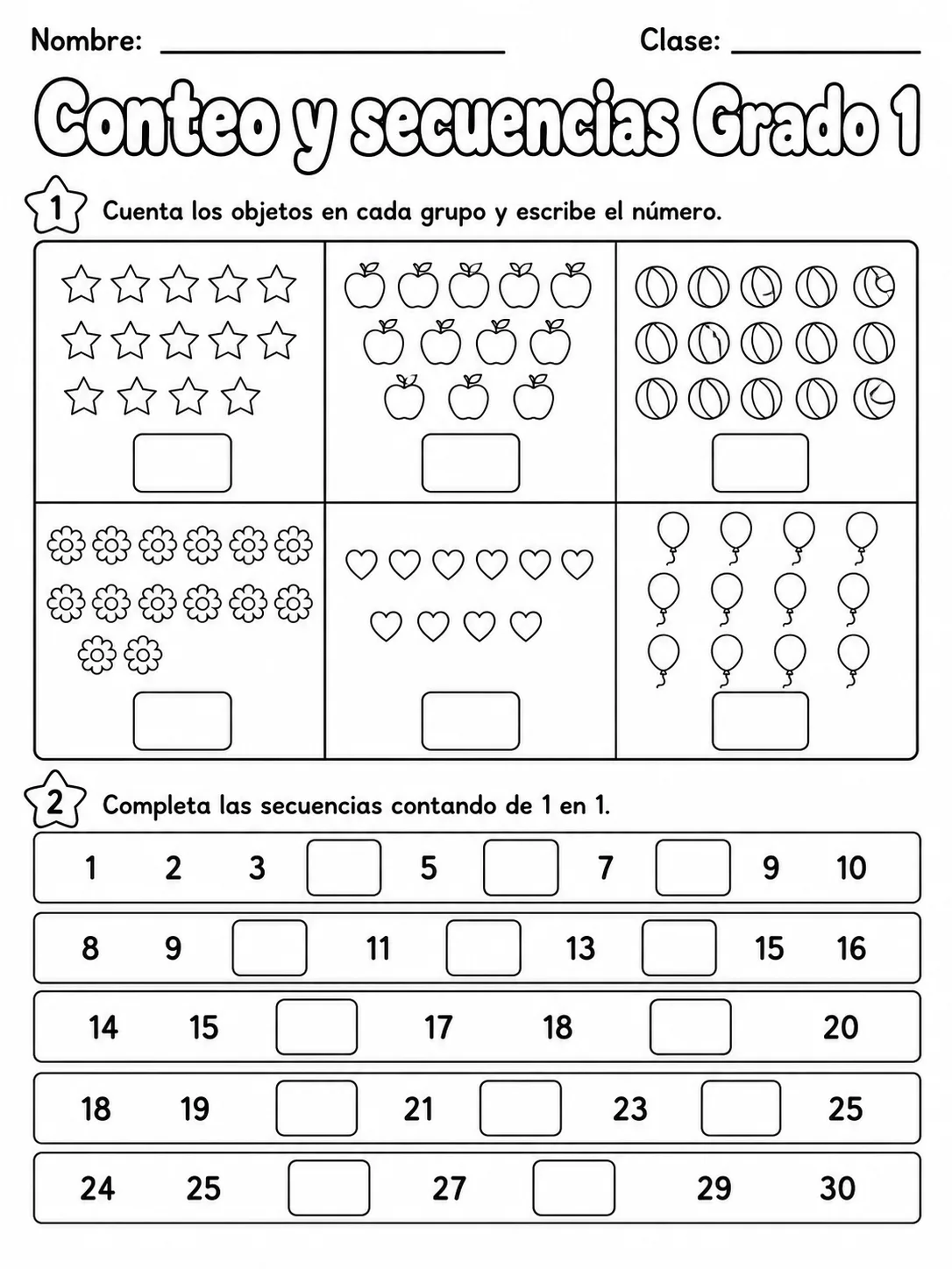 1.º grado - patrones y secuencias - Paquete de fichas vista previa imprimible de matemáticas en KiwiBee
