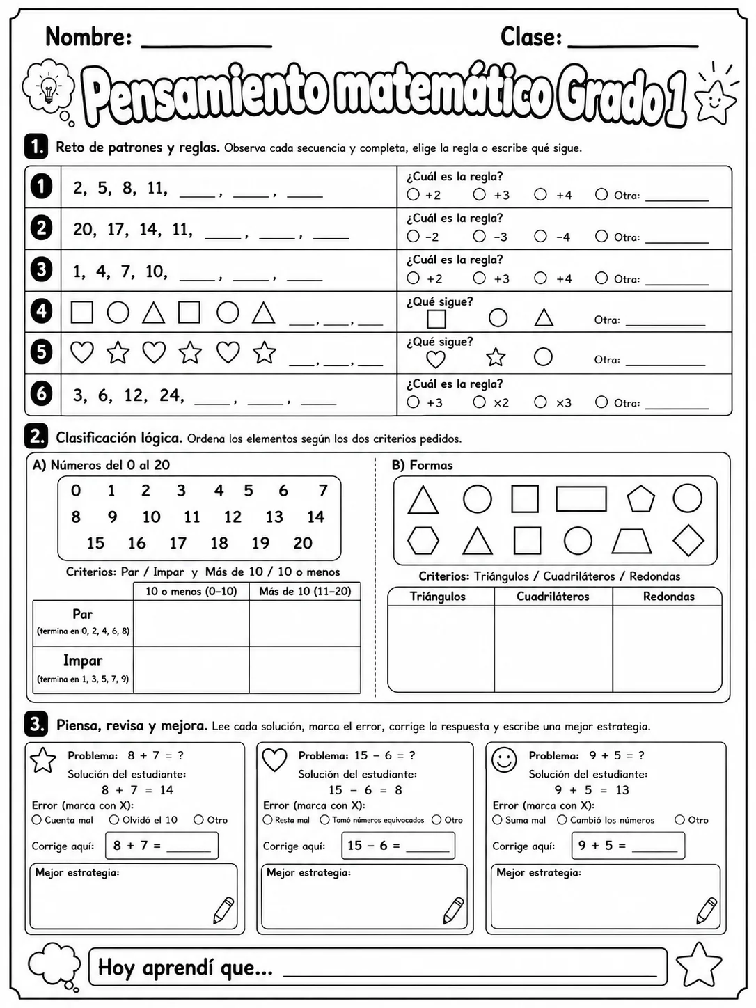1.º grado - repaso de matemáticas - Paquete de fichas - Conjunto 3 página 10 vista previa imprimible
