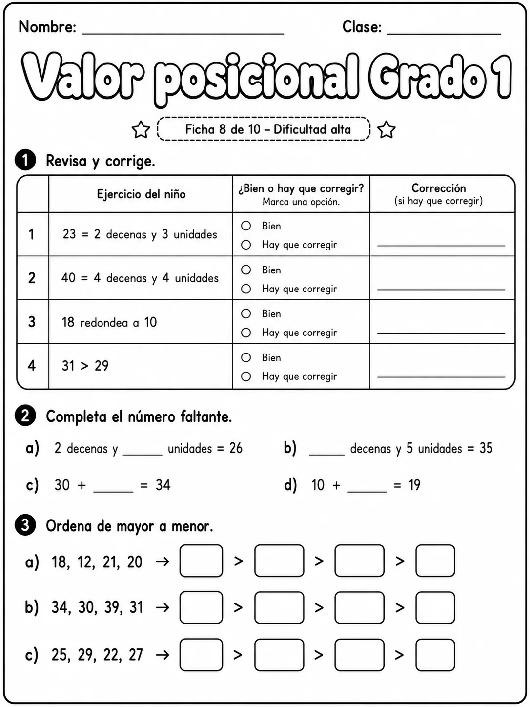 1.º grado - valor posicional - Paquete de fichas página 6 vista previa imprimible