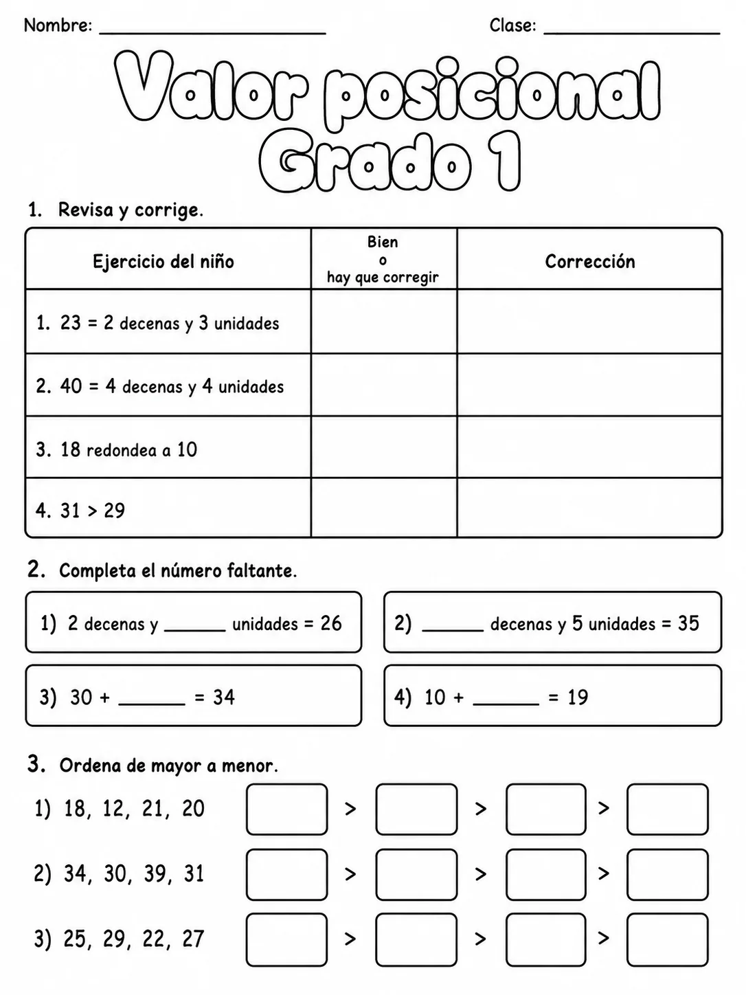 1.º grado - valor posicional - Paquete de fichas página 10 vista previa imprimible